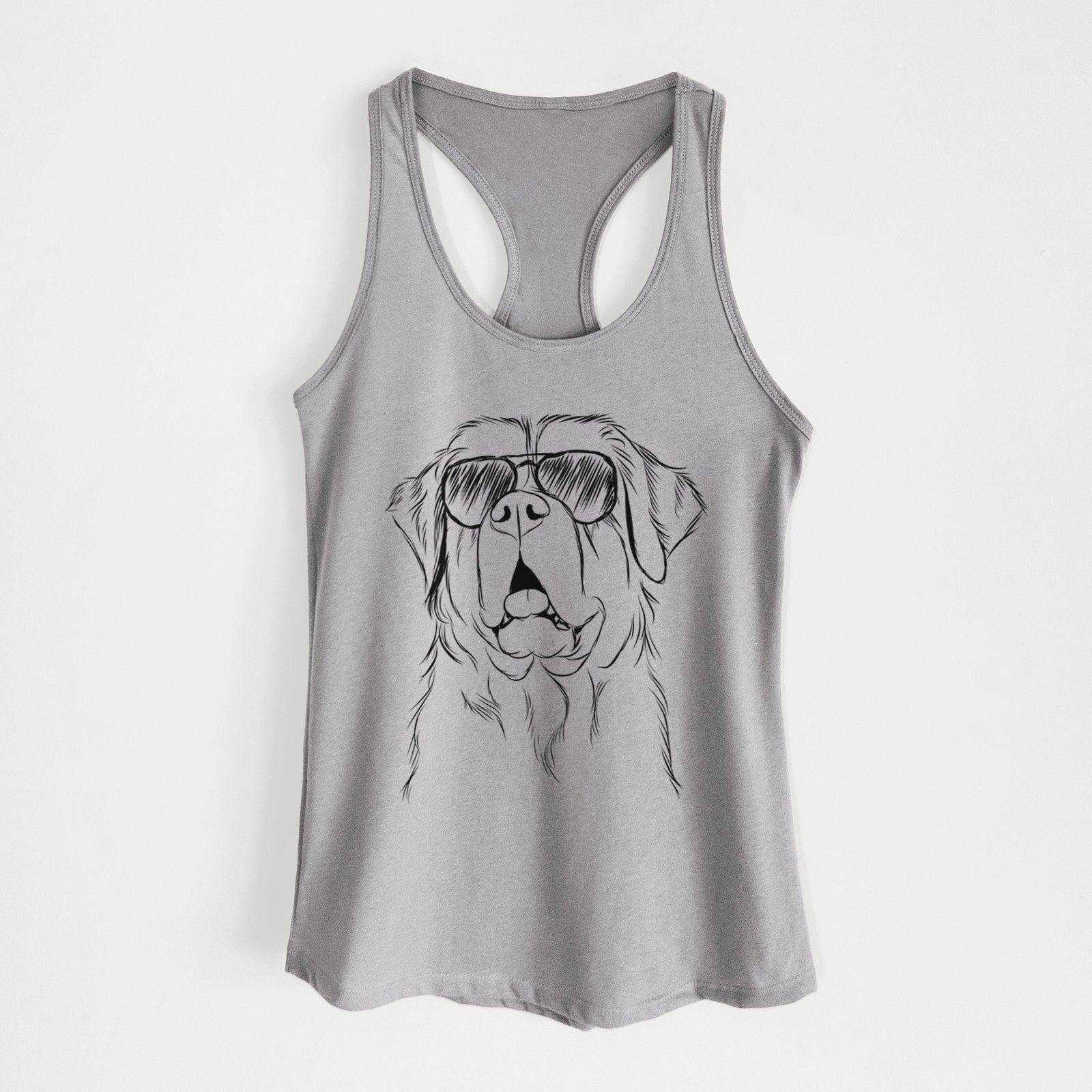 Hand-drawn sketch of Atlas the Saint Bernard wearing aviator sunglasses on a Heather Grey Women's racerback tanktop
