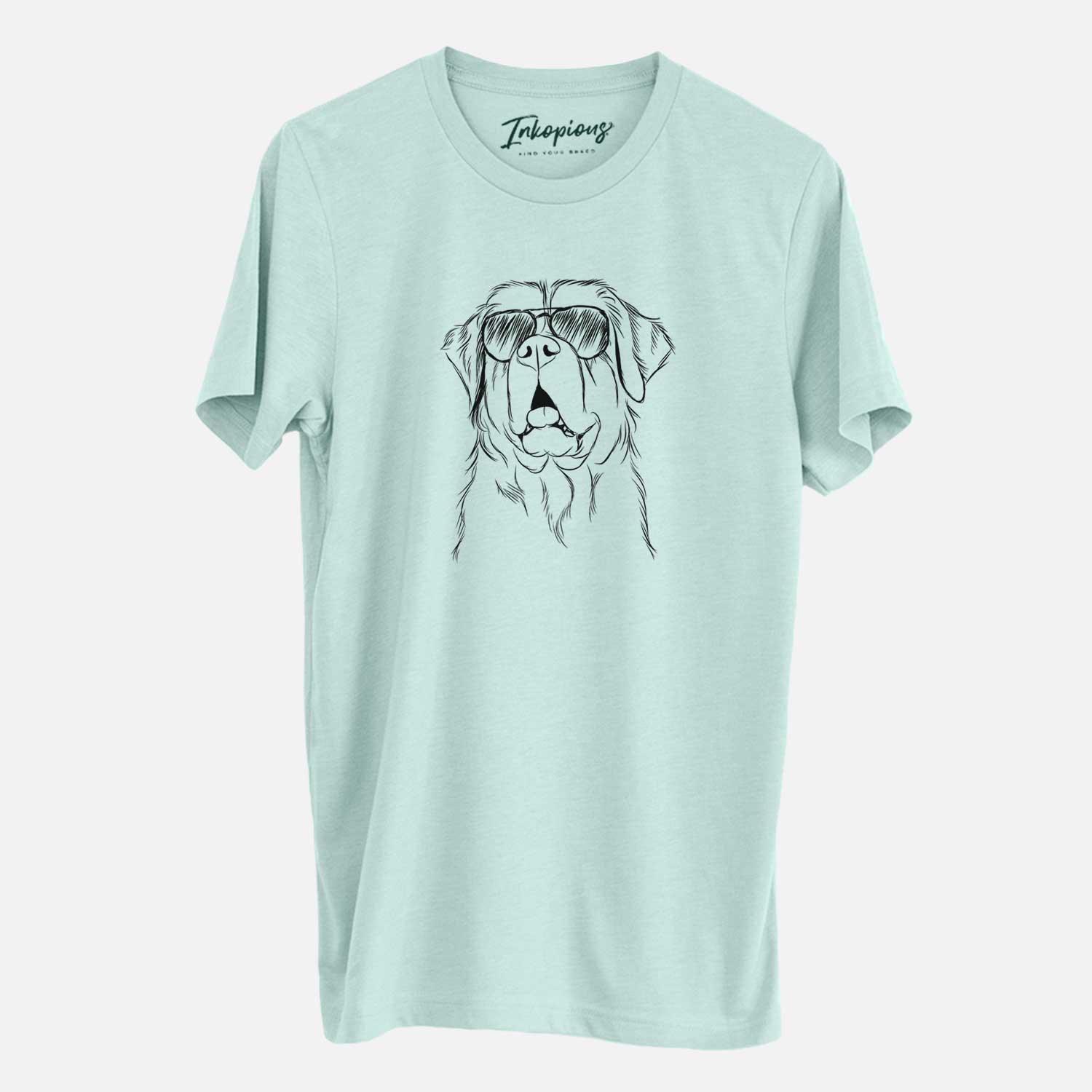 Hand-drawn sketch of Atlas the Saint Bernard wearing aviator sunglasses on a Heather Sage Unisex crewneck