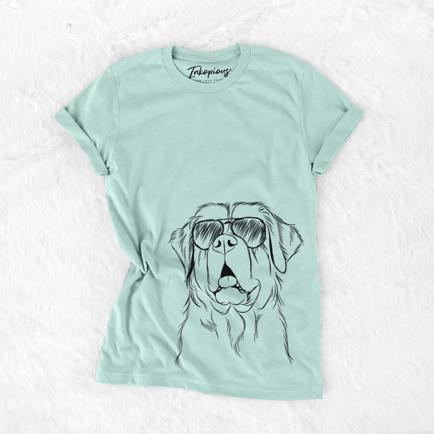 Hand-drawn sketch of Atlas the Saint Bernard wearing aviator sunglasses on a Heather Sage Unisex crewneck