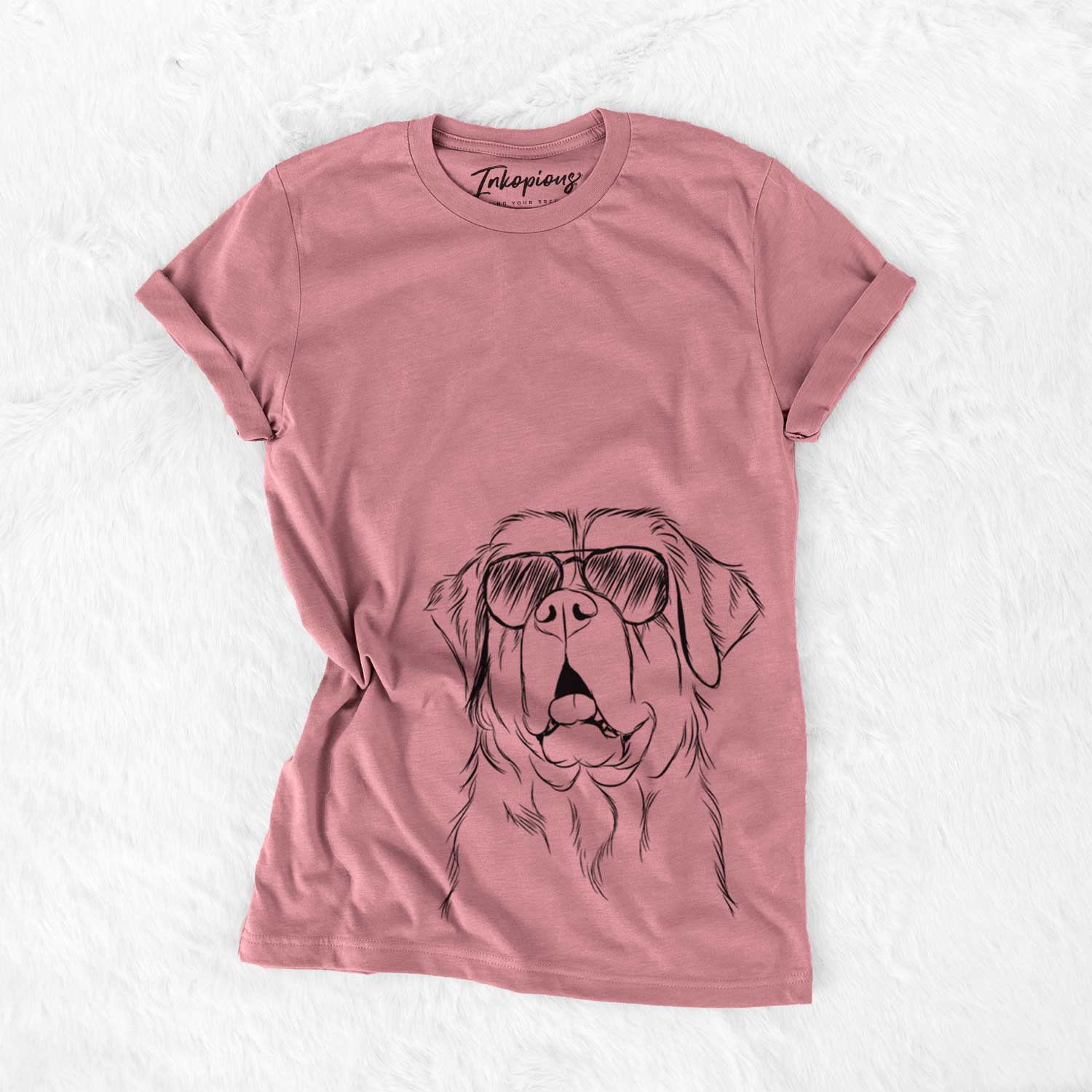 Hand-drawn sketch of Atlas the Saint Bernard wearing aviator sunglasses on a Mauve Unisex crewneck