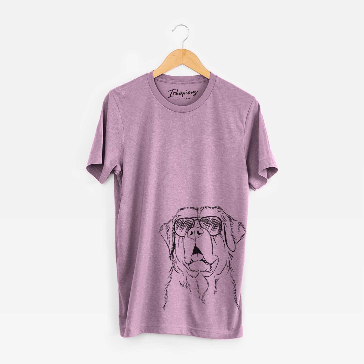 Hand-drawn sketch of Atlas the Saint Bernard wearing aviator sunglasses on an Orchid Unisex crewneck