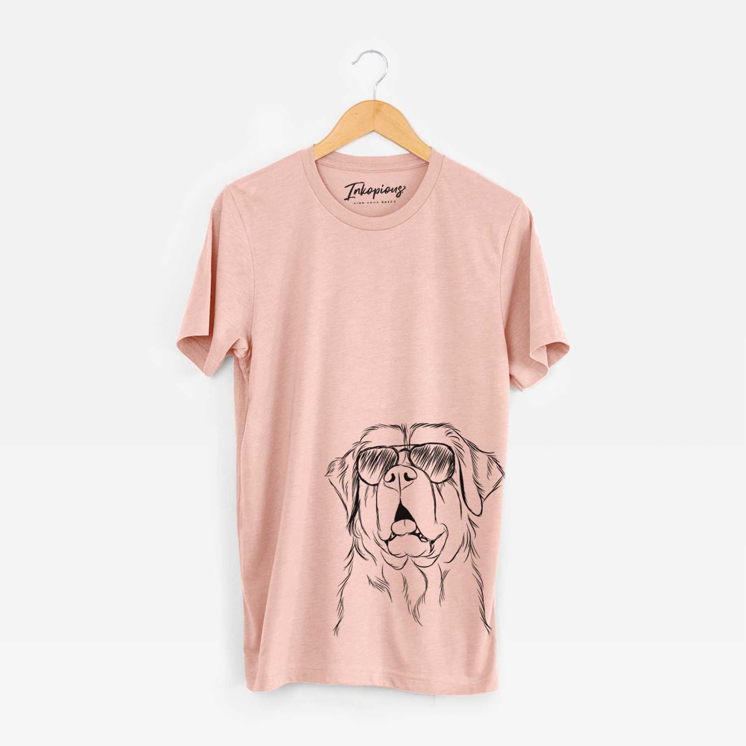 Hand-drawn sketch of Atlas the Saint Bernard wearing aviator sunglasses on a Peach Unisex crewneck
