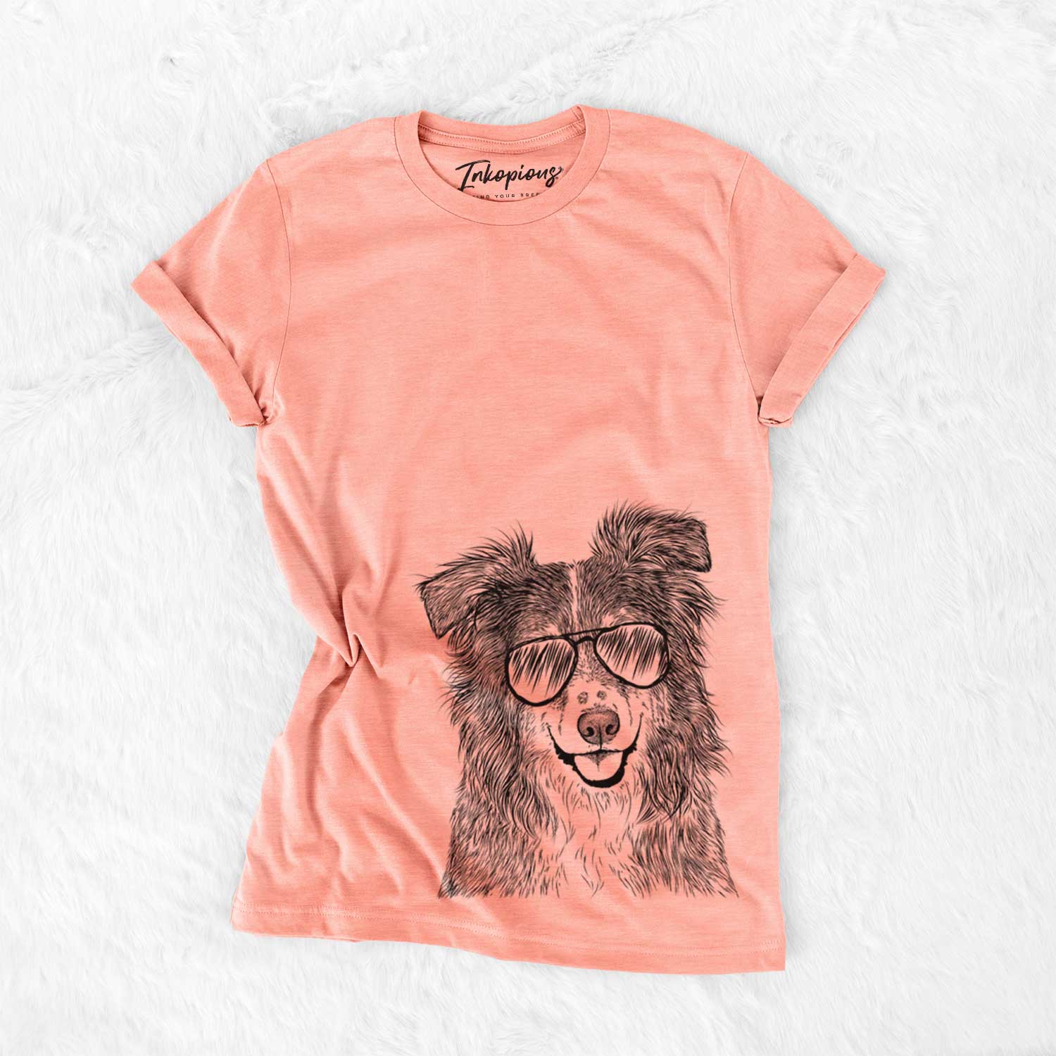Hand-drawn sketch of Aushe the Australian Shepherd wearing aviator sunglasses on a Sunset Bella Canvas Unisex Crewneck