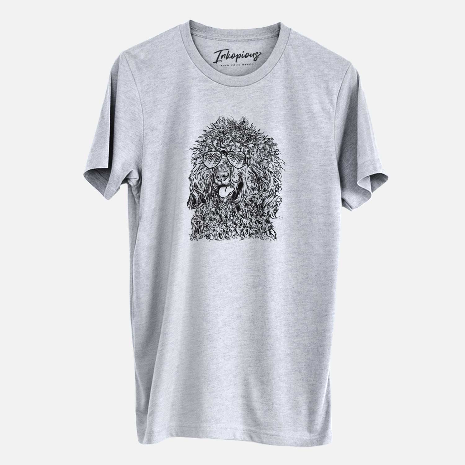 Hand-drawn sketch of Babs the Barbet wearing aviator sunglasses on a Grey Unisex crewneck