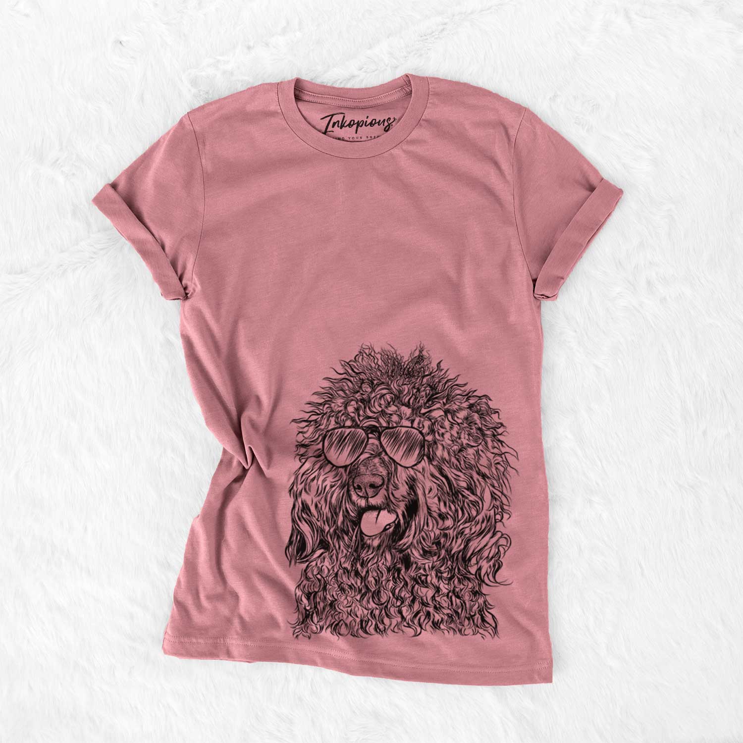 Hand-drawn sketch of Babs the Barbet wearing aviator sunglasses on a Mauve Bella Canvas Unisex Crewneck