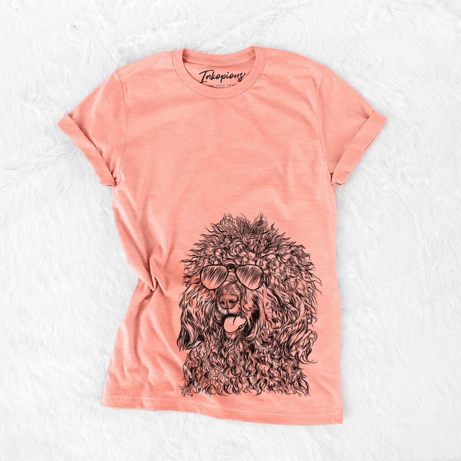 Hand-drawn sketch of Babs the Barbet wearing aviator sunglasses on a Sunset Bella Canvas Unisex Crewneck