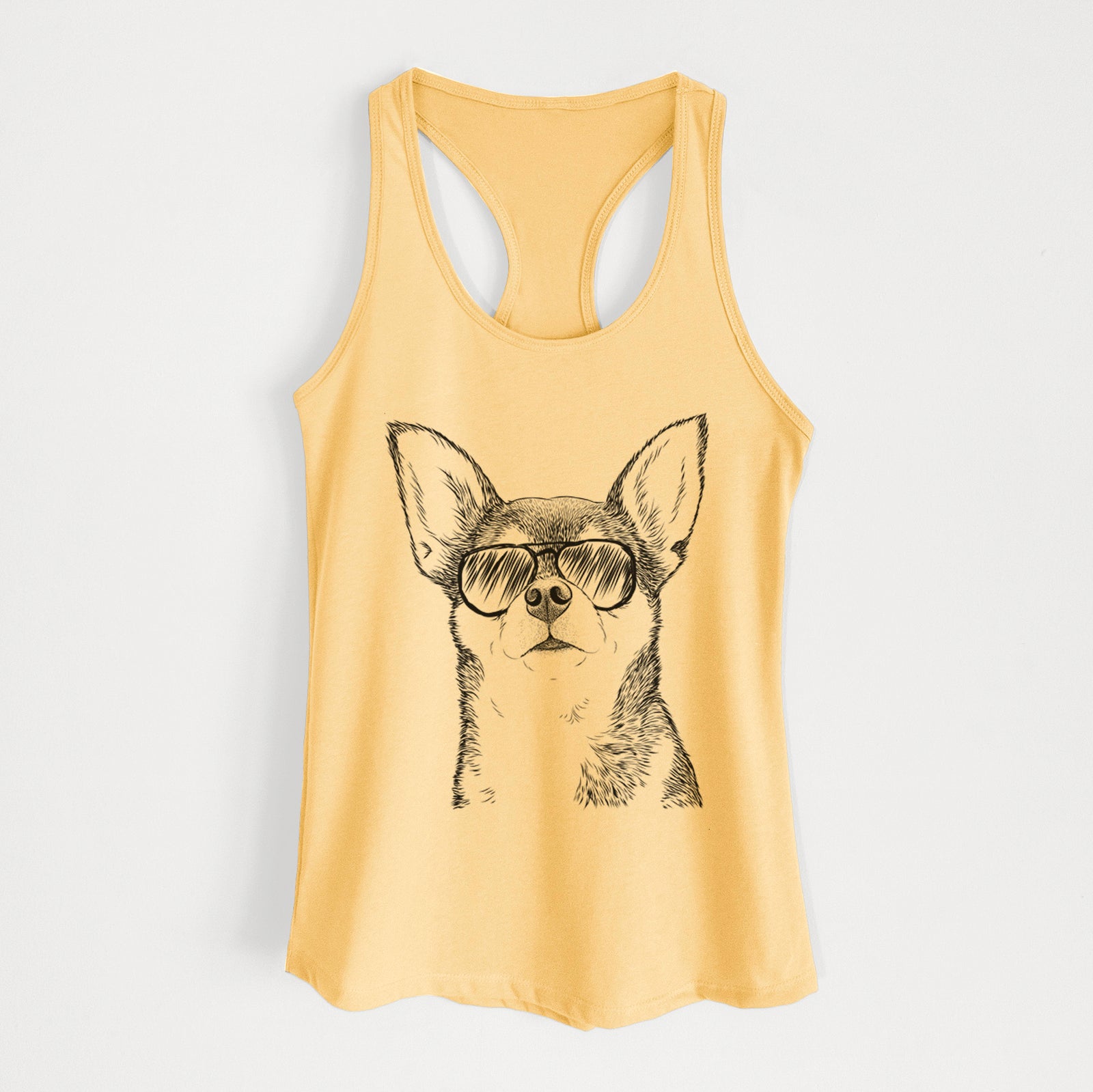 Hand-drawn sketch of Baby the Chihuahua wearing aviator sunglasses on a Banana Cream Women's racerback tanktop