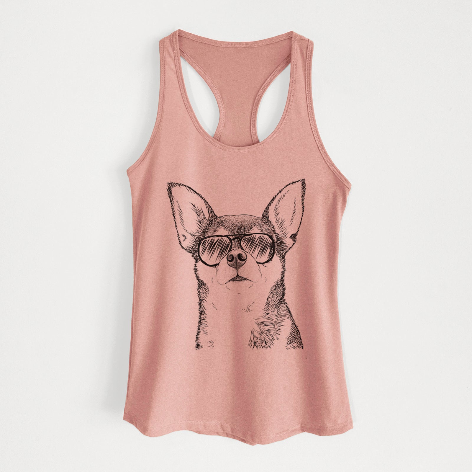 Hand-drawn sketch of Baby the Chihuahua wearing aviator sunglasses on a Desert Pink Women's racerback tanktop
