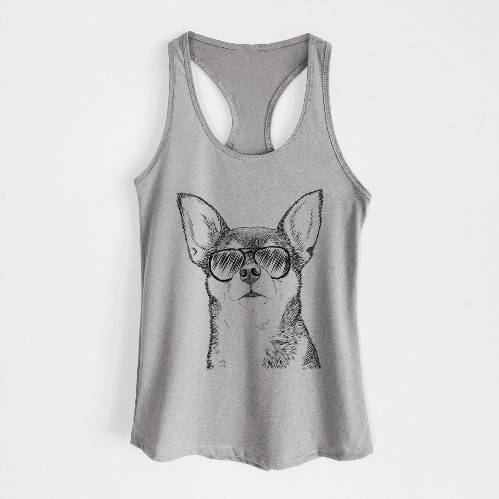 Hand-drawn sketch of Baby the Chihuahua wearing aviator sunglasses on a Heather Grey Women's racerback tanktop