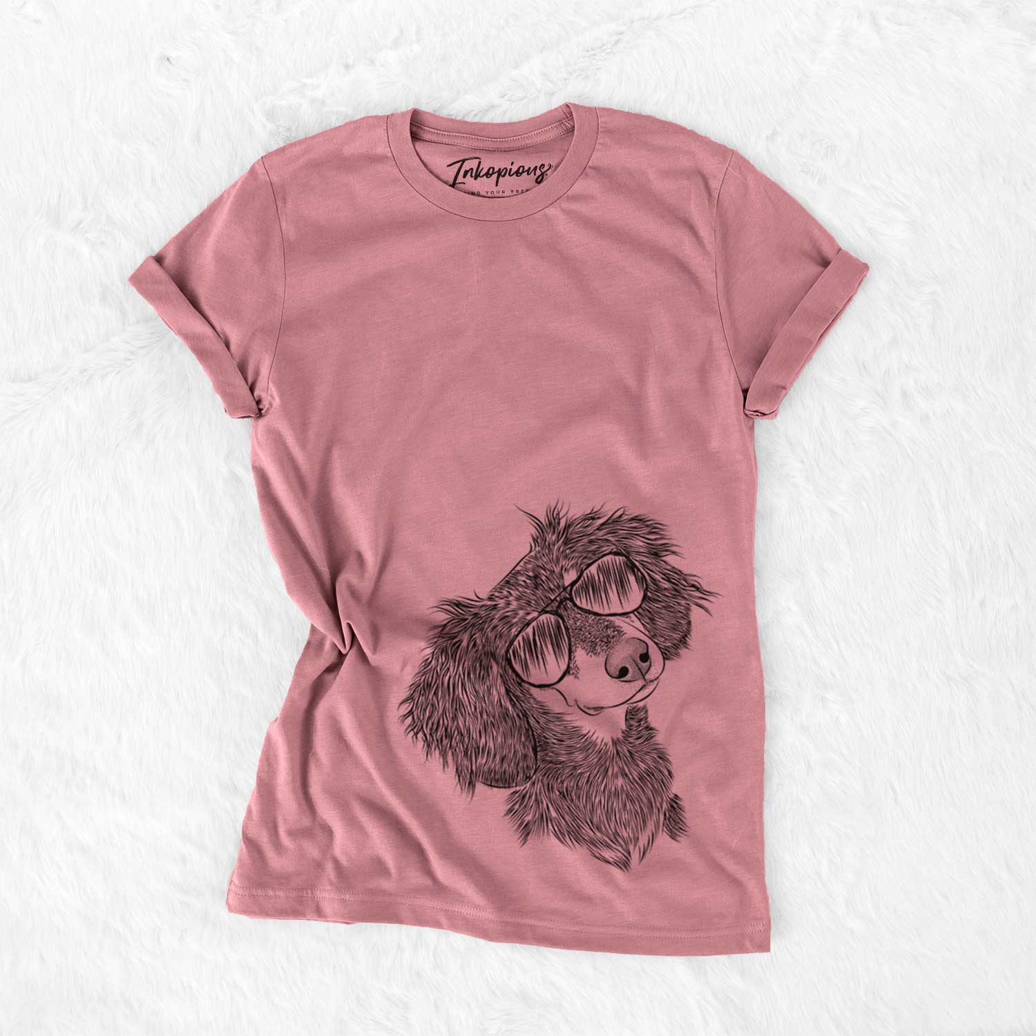 Hand-drawn sketch of Bailey the Long Haired Dachshund wearing aviator sunglasses on a Mauve Bella Canvas Unisex Crewneck