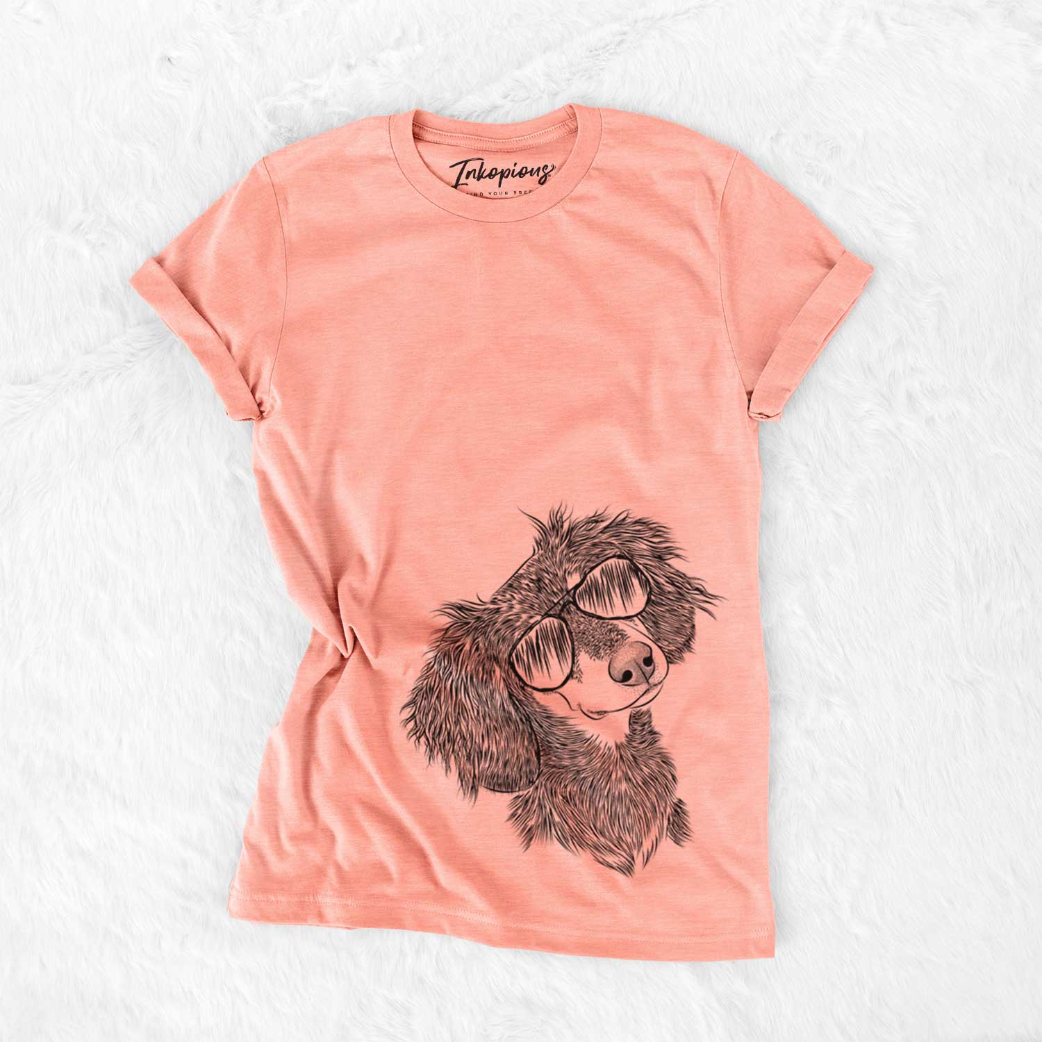 Hand-drawn sketch of Bailey the Long Haired Dachshund wearing aviator sunglasses on a Sunset Bella Canvas Unisex Crewneck