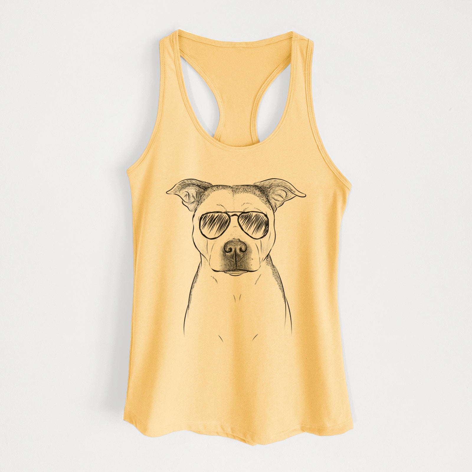 Hand-drawn sketch of Bailey the Pitbull wearing aviator sunglasses on a Banana Cream Women's racerback tanktop