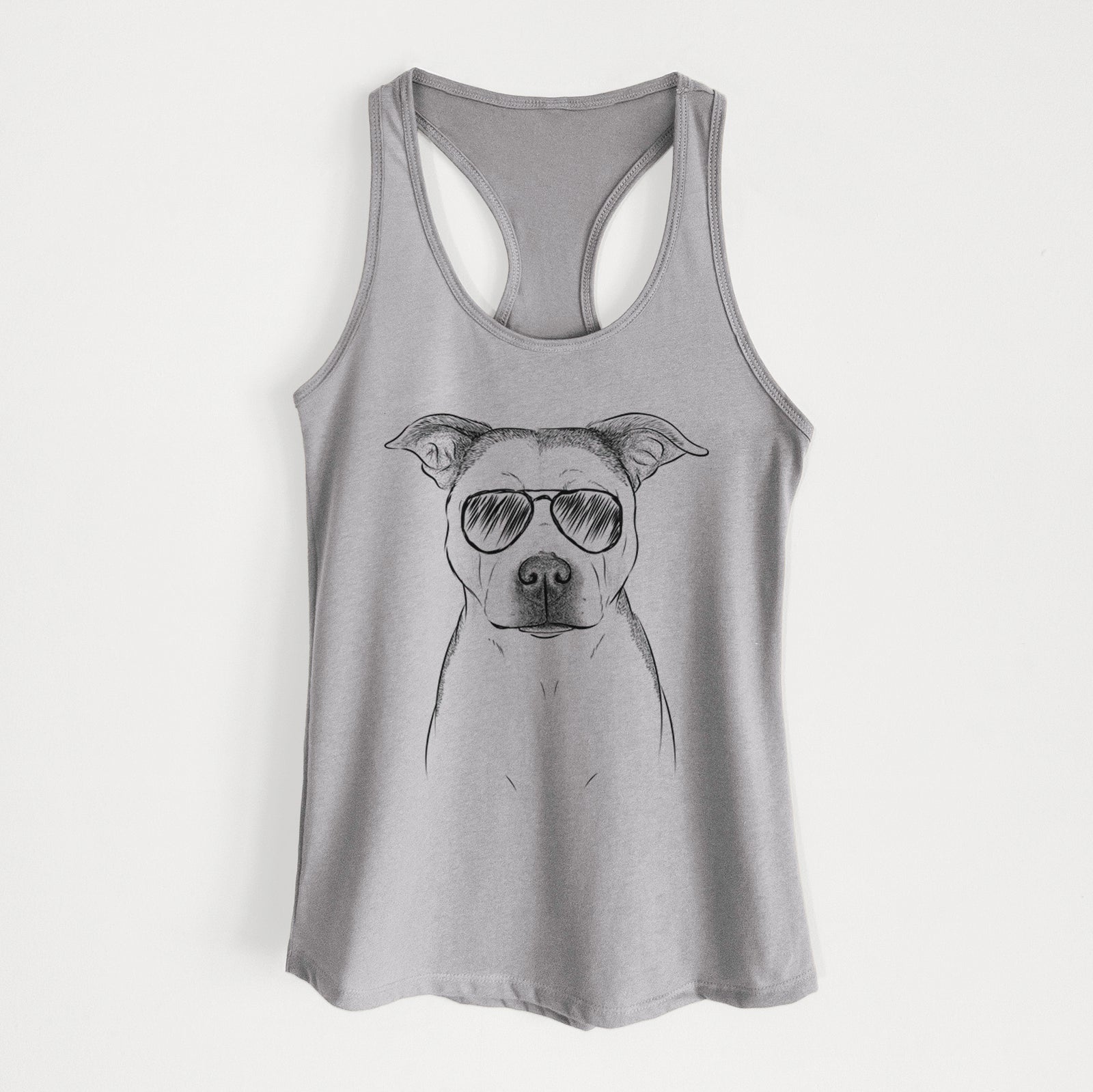 Hand-drawn sketch of Bailey the Pitbull wearing aviator sunglasses on a Heather Grey Women's racerback tanktop