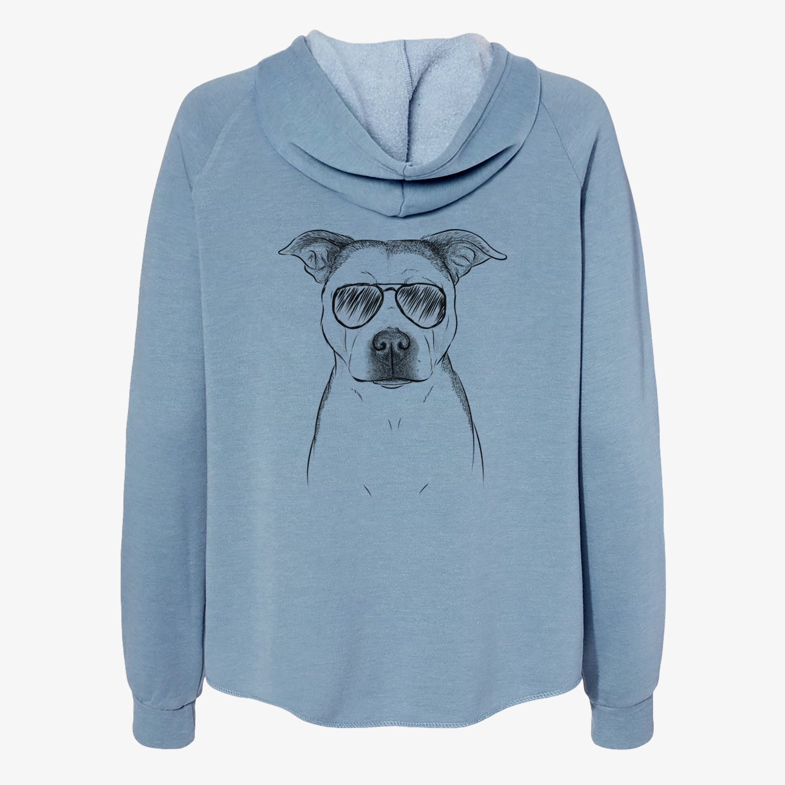 Hand-drawn sketch of Bailey the Pitbull wearing aviator sunglasses on a Misty Blue Women's cali wave zip-up sweatshirt