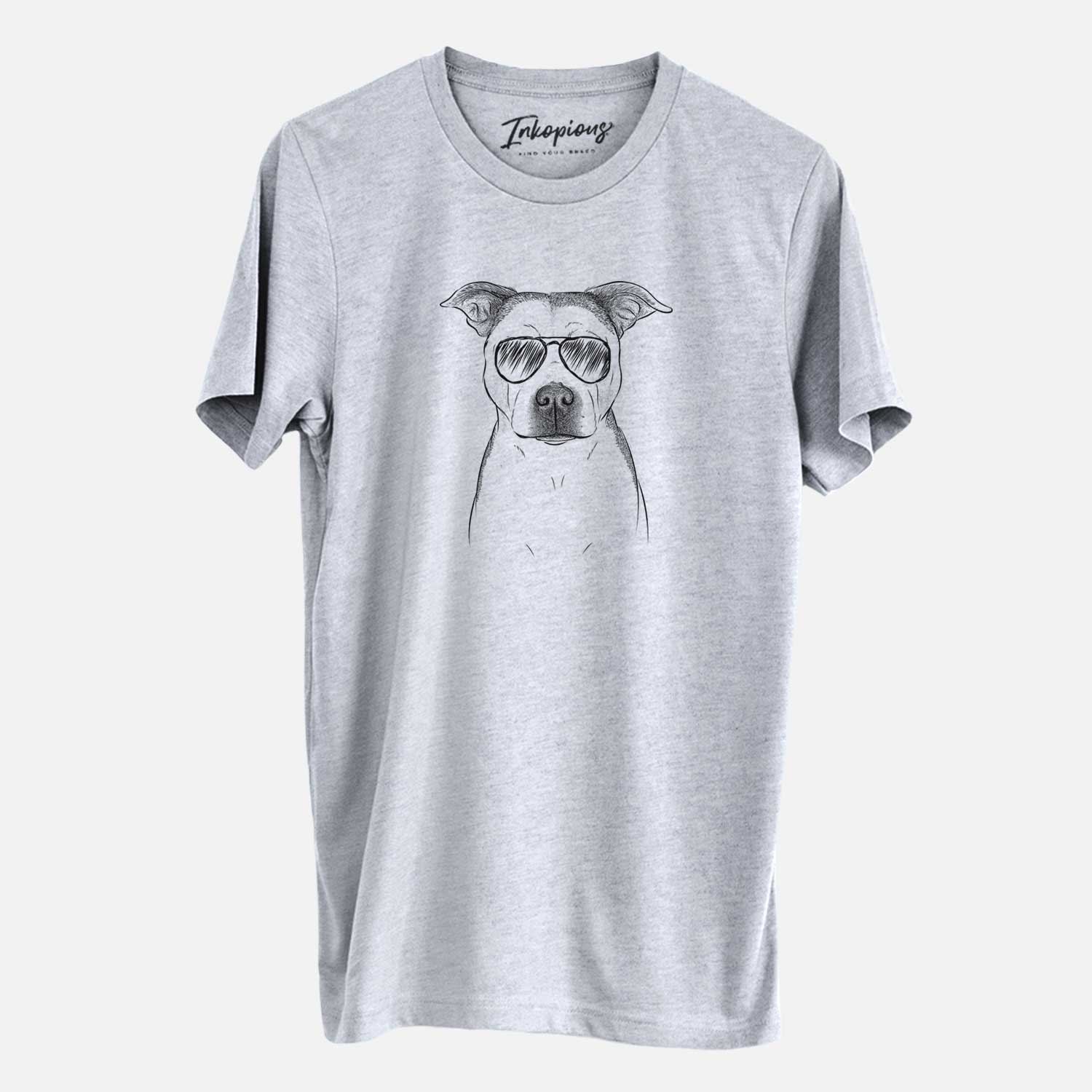 Hand-drawn sketch of Bailey the Pitbull wearing aviator sunglasses on a Grey Unisex crewneck
