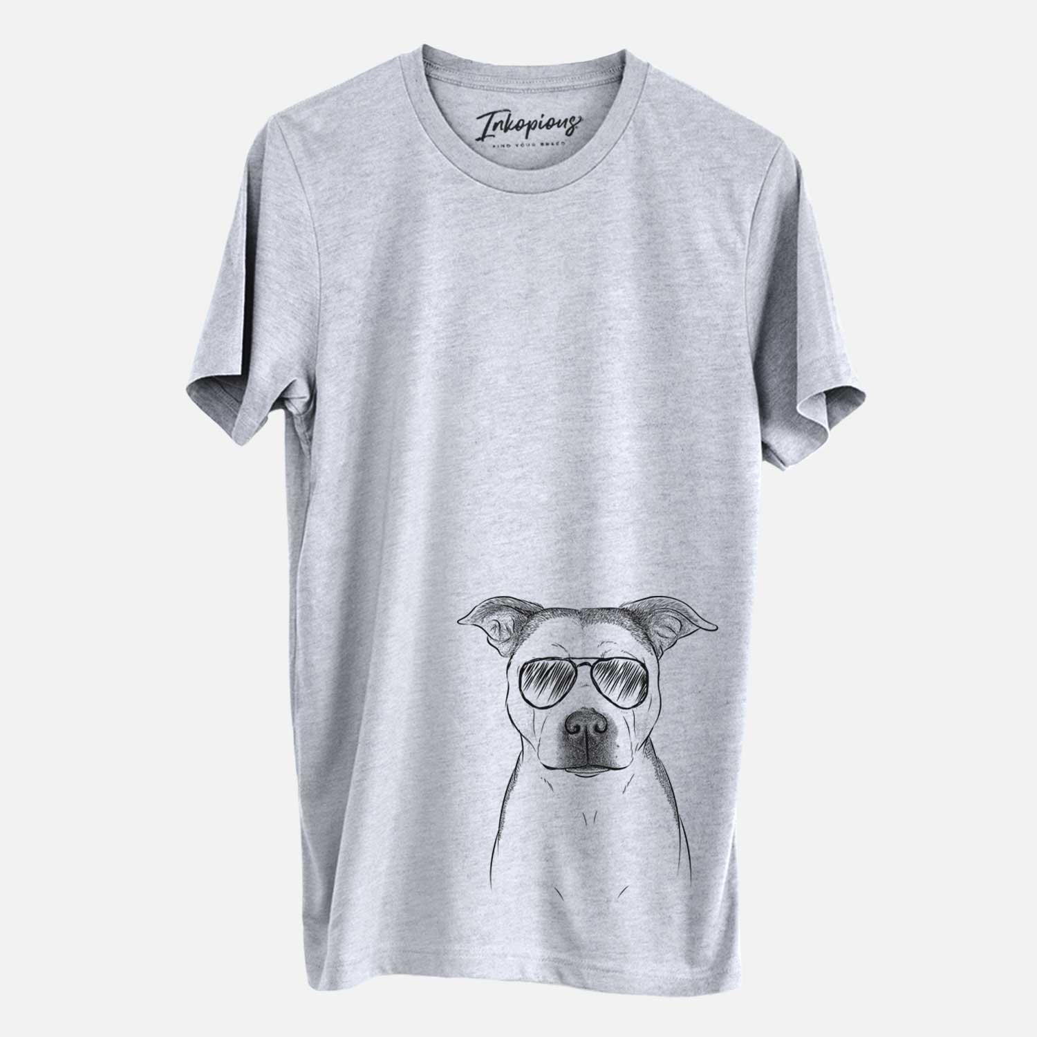 Hand-drawn sketch of Bailey the Pitbull wearing aviator sunglasses on a Grey Unisex crewneck