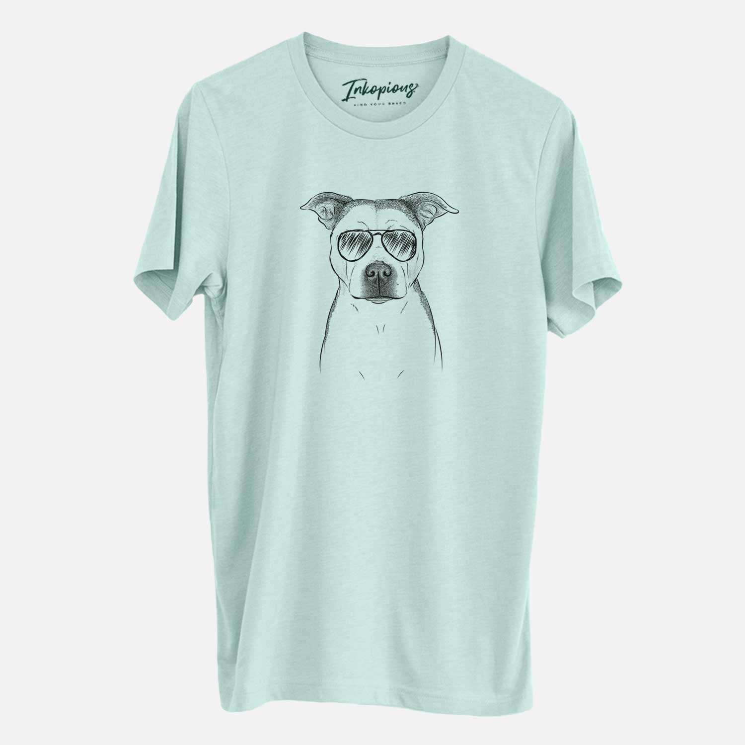 Hand-drawn sketch of Bailey the Pitbull wearing aviator sunglasses on a Heather Sage Unisex crewneck
