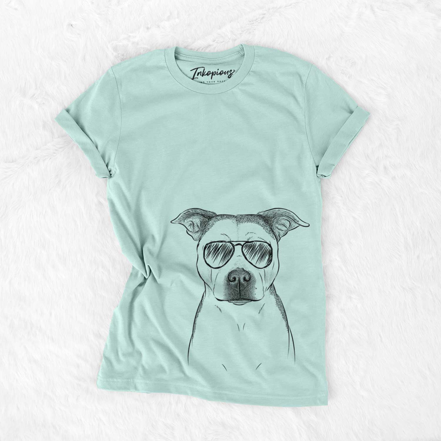 Hand-drawn sketch of Bailey the Pitbull wearing aviator sunglasses on a Heather Sage Unisex crewneck