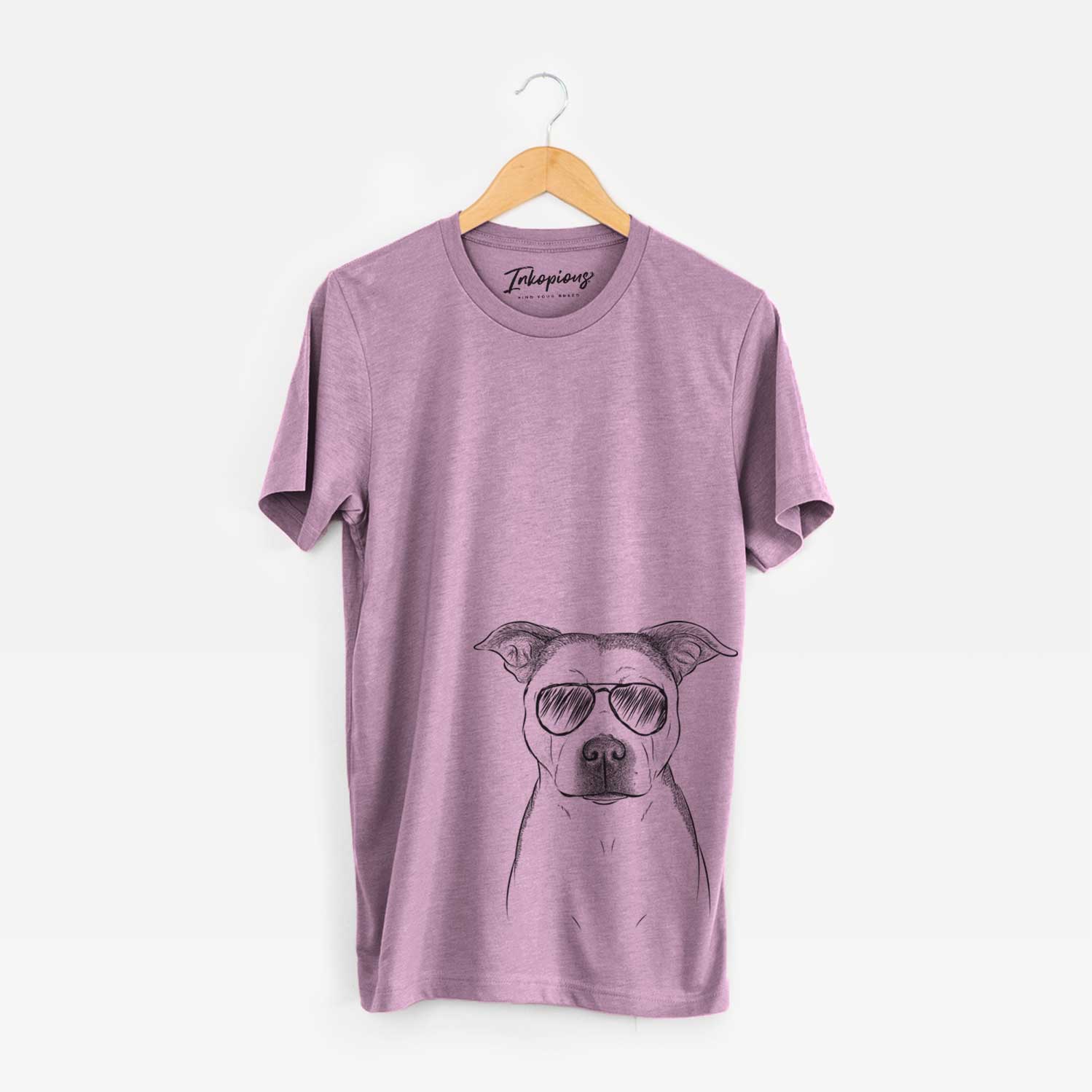 Hand-drawn sketch of Bailey the Pitbull wearing aviator sunglasses on an Orchid Unisex crewneck
