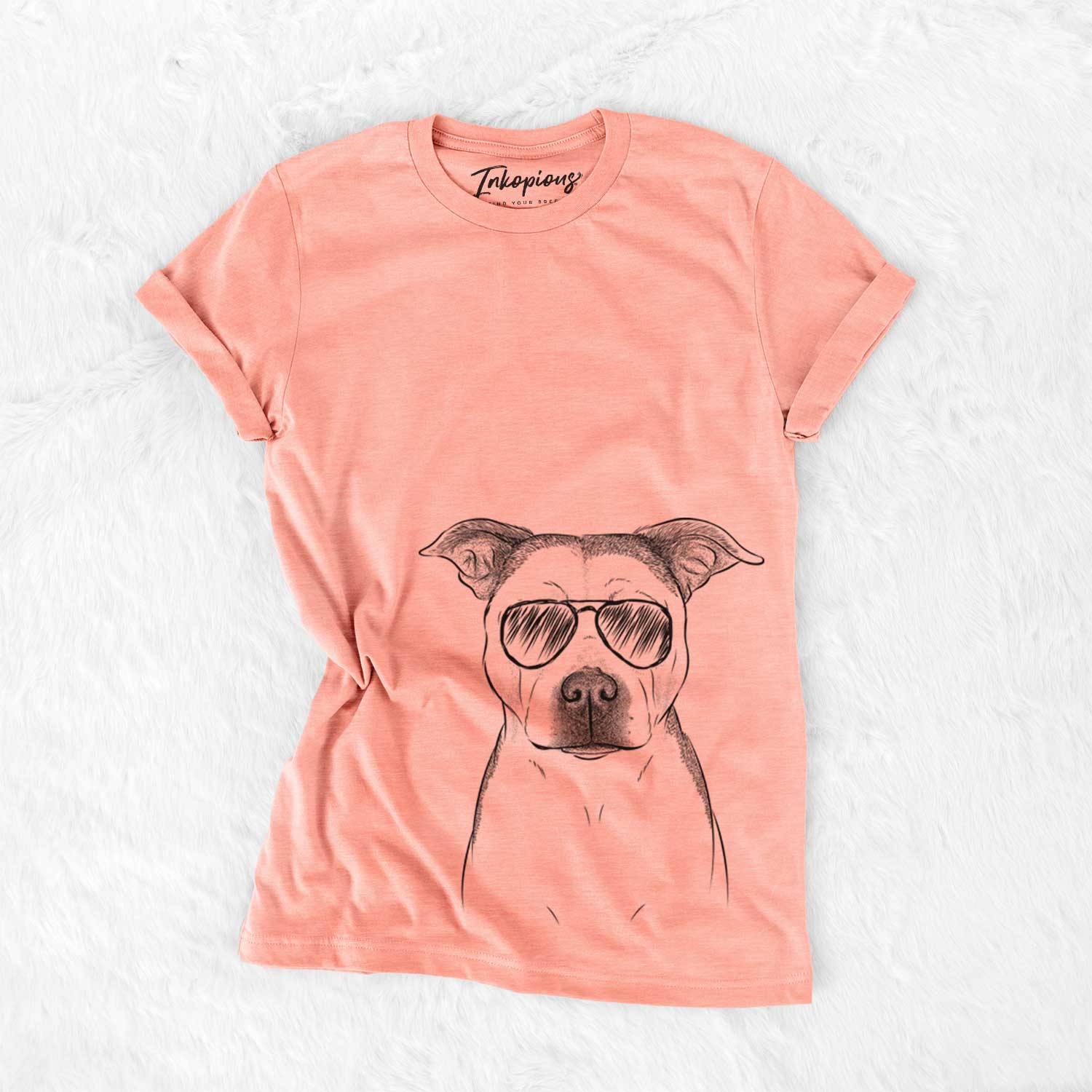 Hand-drawn sketch of Bailey the Pitbull wearing aviator sunglasses on a Sunset Bella Canvas Unisex Crewneck