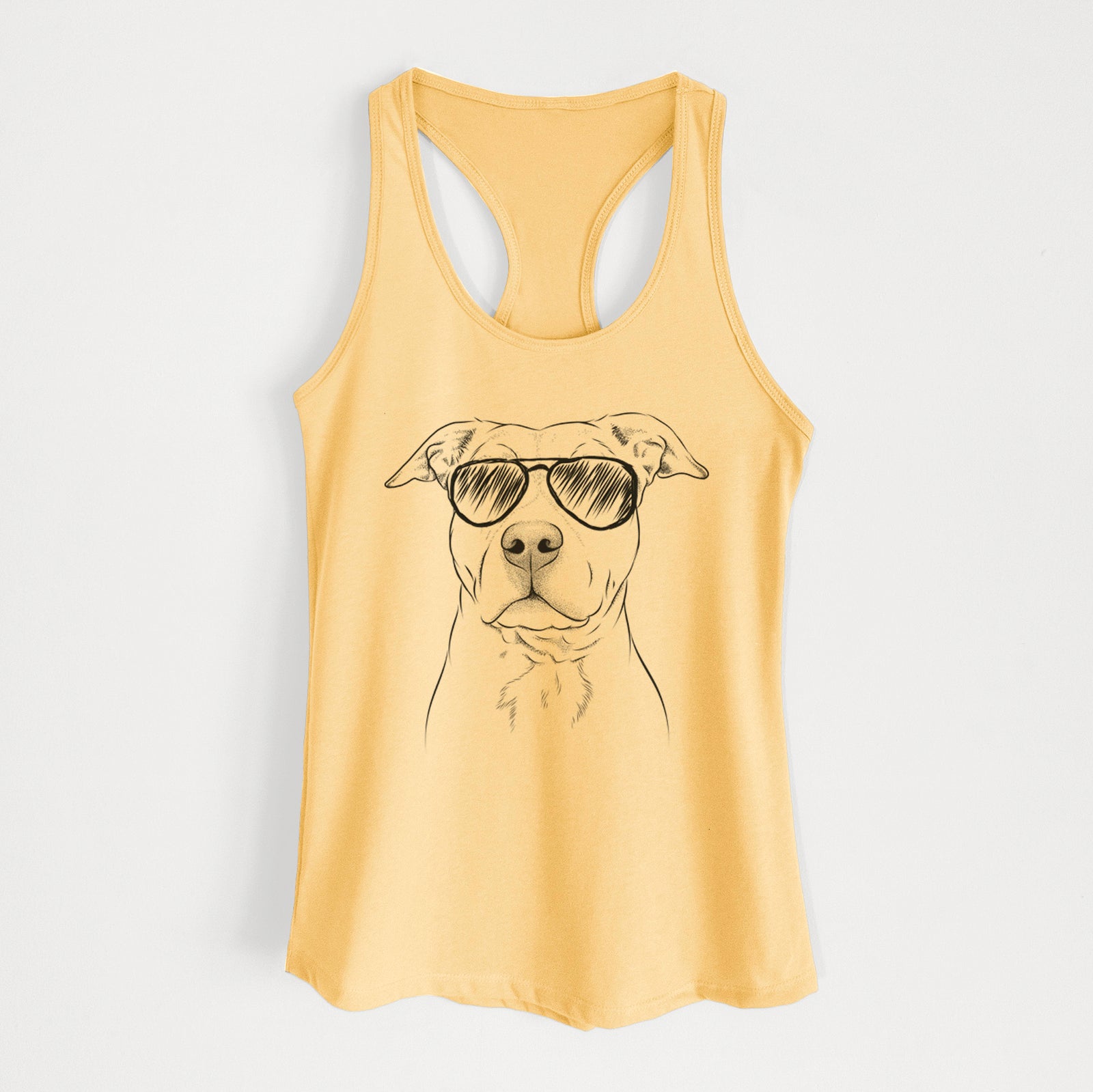 Hand-drawn sketch of Bailey the American Staffordshire Terrier wearing aviator sunglasses on a Banana Cream Women's racerback tanktop