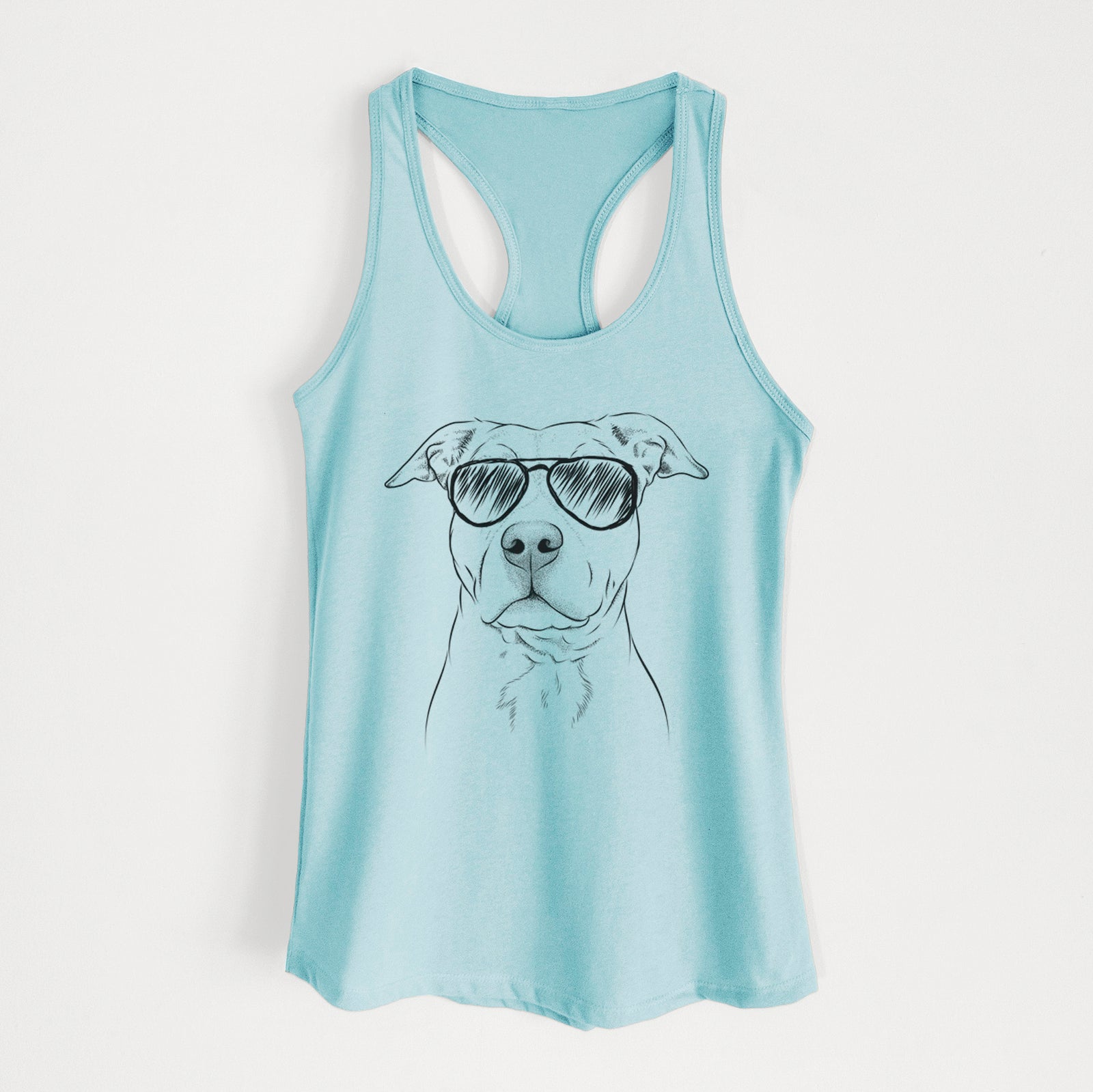 Hand-drawn sketch of Bailey the American Staffordshire Terrier wearing aviator sunglasses on a Cancun Blue Women's racerback tanktop