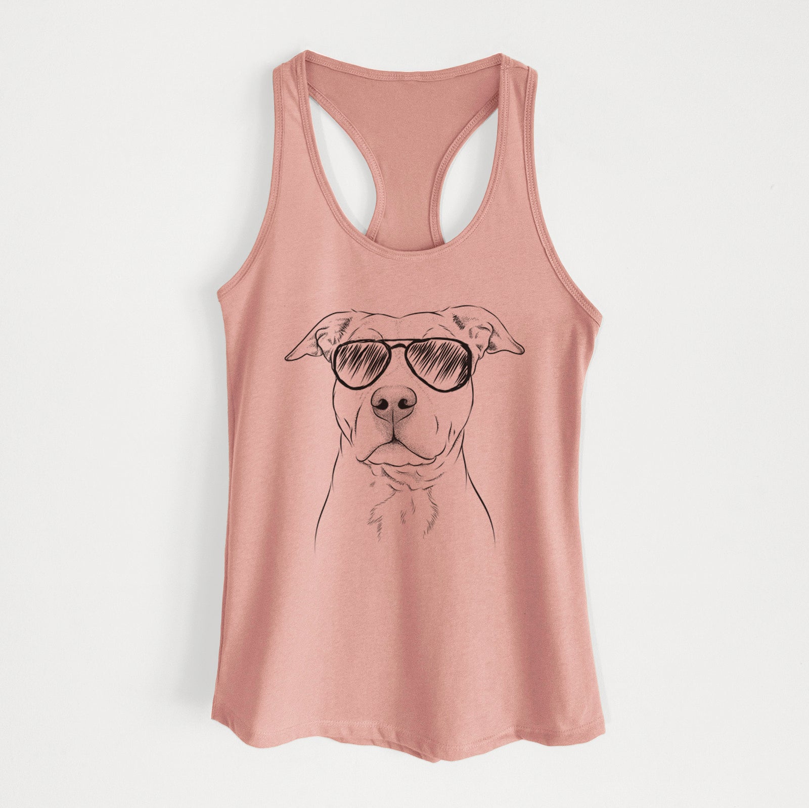 Hand-drawn sketch of Bailey the American Staffordshire Terrier wearing aviator sunglasses on a Desert Pink Women's racerback tanktop