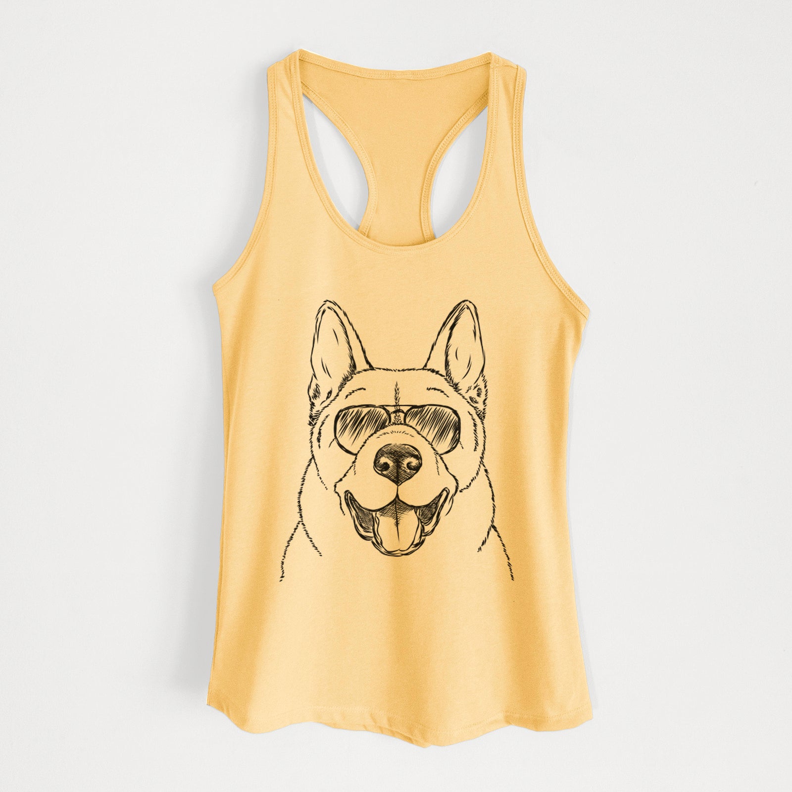Hand-drawn sketch of Baku the Akita wearing aviator sunglasses on a Banana Cream Women's racerback tanktop