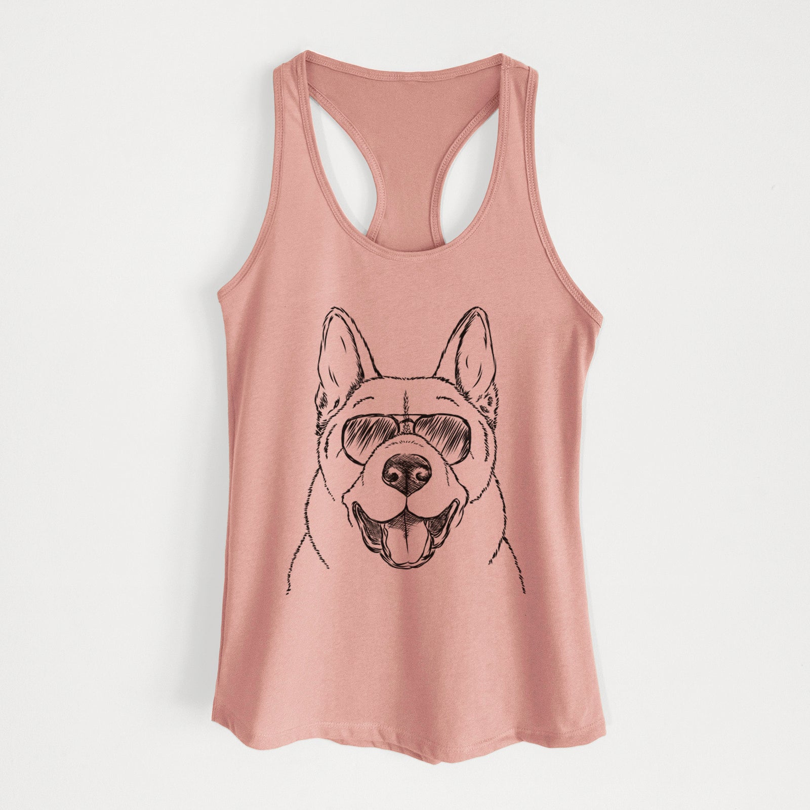 Hand-drawn sketch of Baku the Akita wearing aviator sunglasses on a Desert Pink Women's racerback tanktop