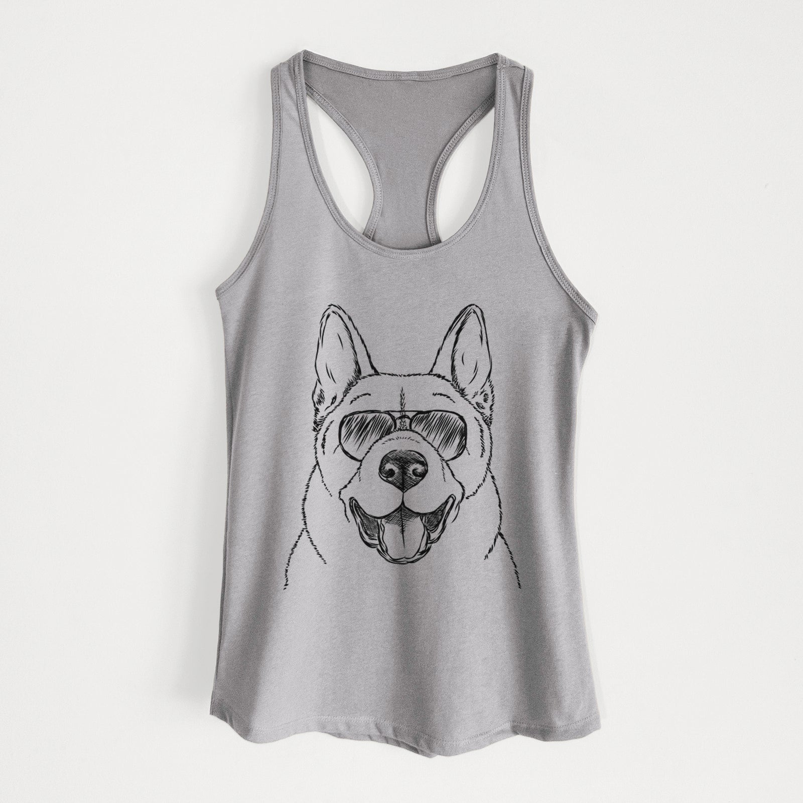 Hand-drawn sketch of Baku the Akita wearing aviator sunglasses on a Heather Grey Women's racerback tanktop