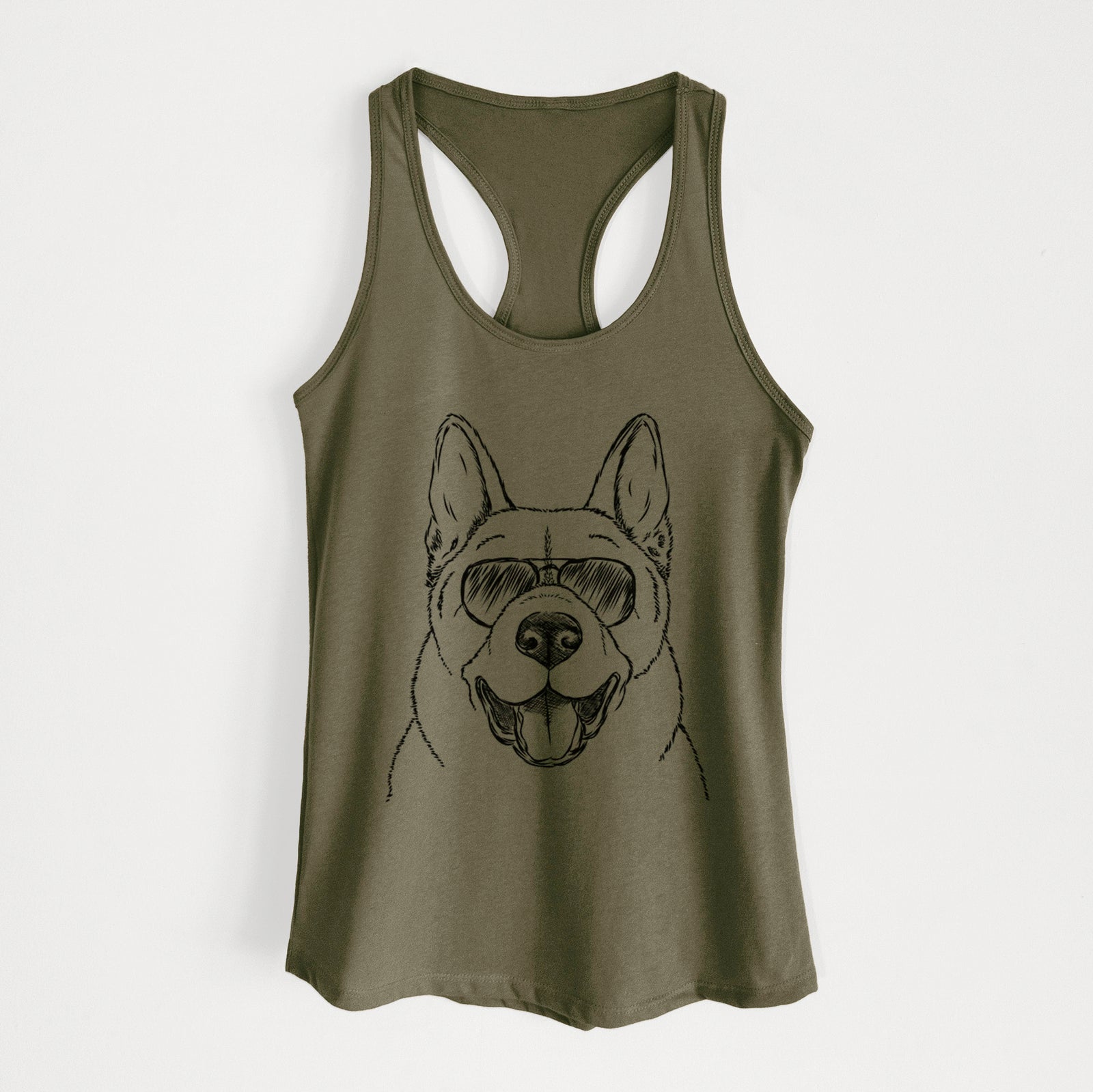 Hand-drawn sketch of Baku the Akita wearing aviator sunglasses on a Military Green Women's racerback tanktop