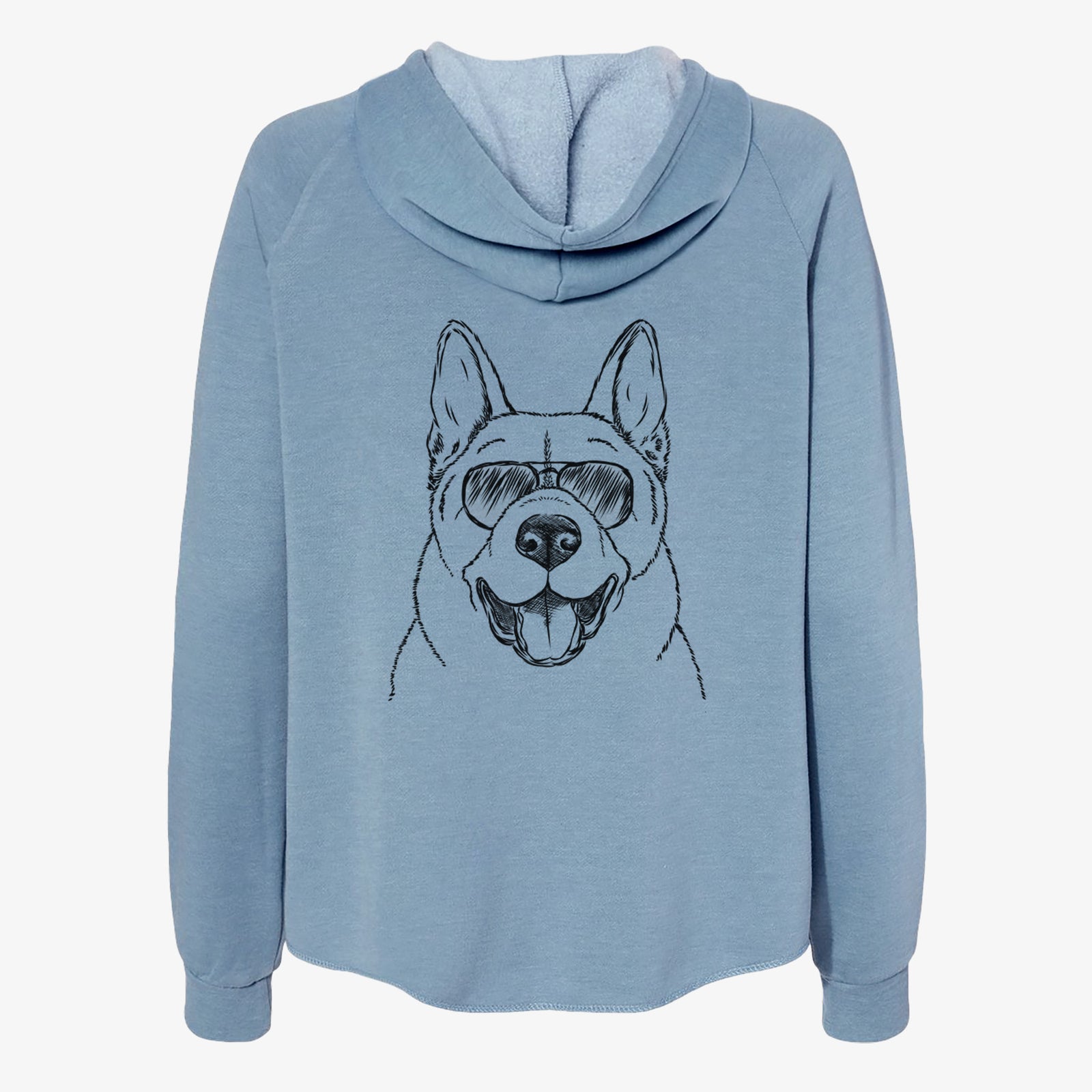 Hand-drawn sketch of Baku the Akita wearing aviator sunglasses on a Misty Blue Women's cali wave zip-up sweatshirt