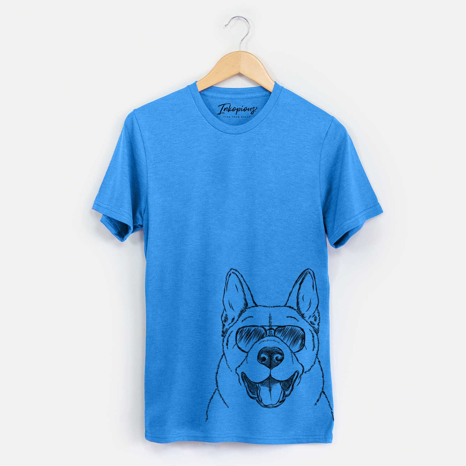 Hand-drawn sketch of Baku the Akita wearing aviator sunglasses on a Blue Unisex crewneck