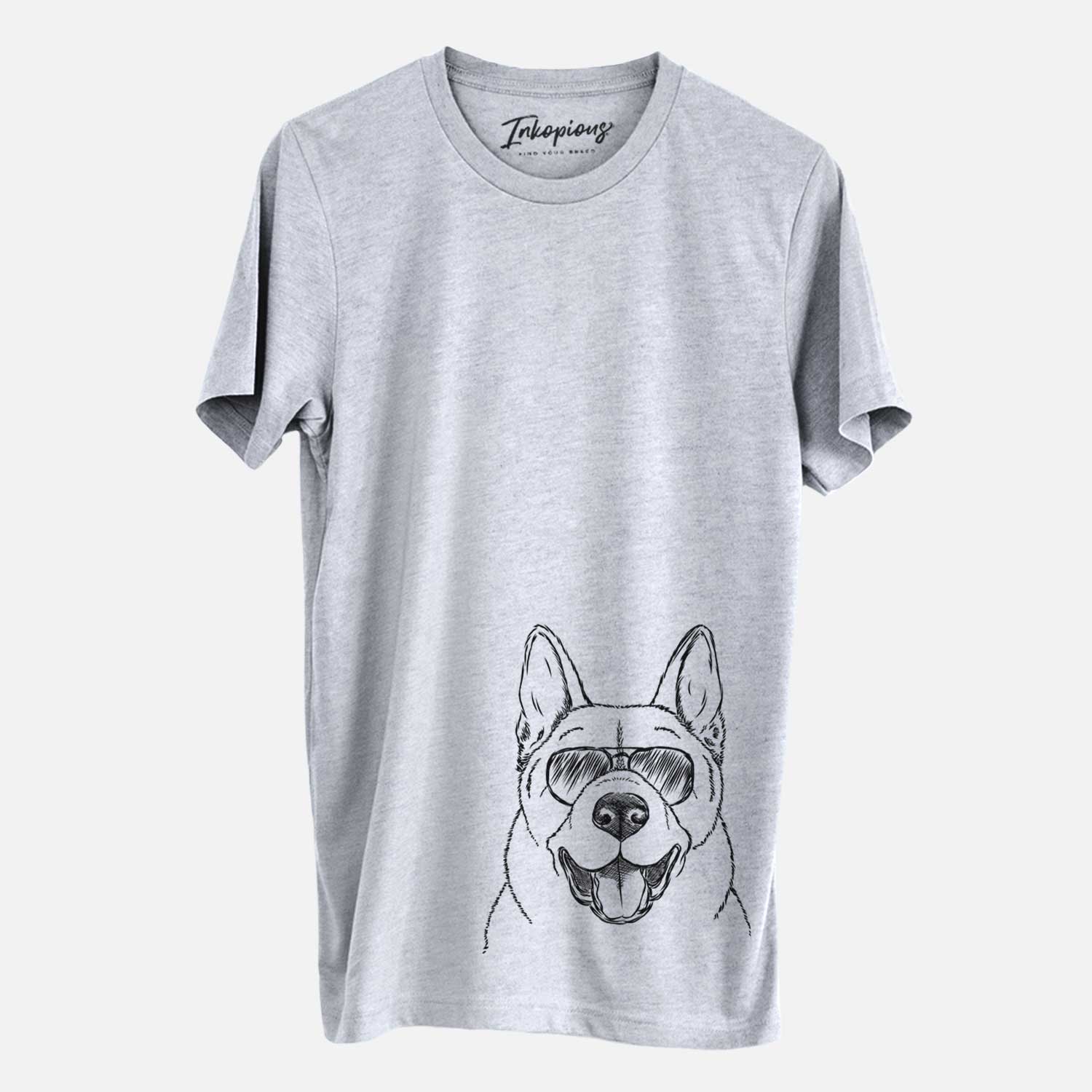 Hand-drawn sketch of Baku the Akita wearing aviator sunglasses on a Grey Unisex crewneck