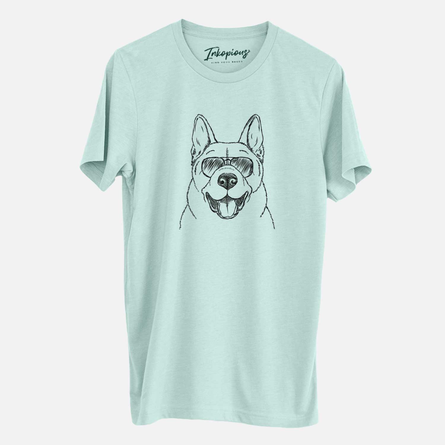 Hand-drawn sketch of Baku the Akita wearing aviator sunglasses on a Heather Sage Unisex crewneck