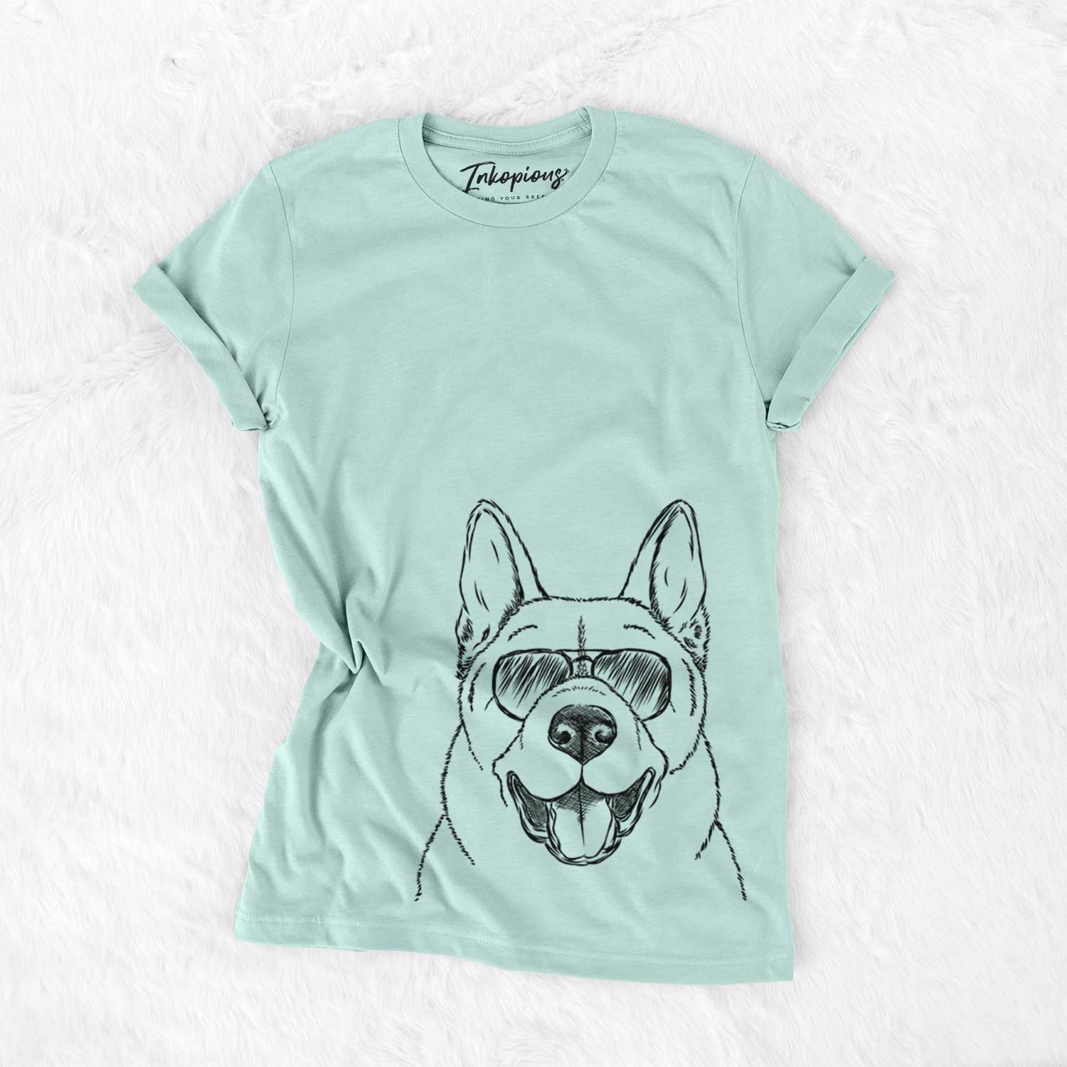 Hand-drawn sketch of Baku the Akita wearing aviator sunglasses on a Heather Sage Unisex crewneck