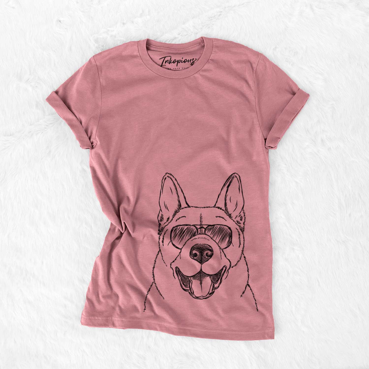 Hand-drawn sketch of Baku the Akita wearing aviator sunglasses on a Mauve Unisex crewneck