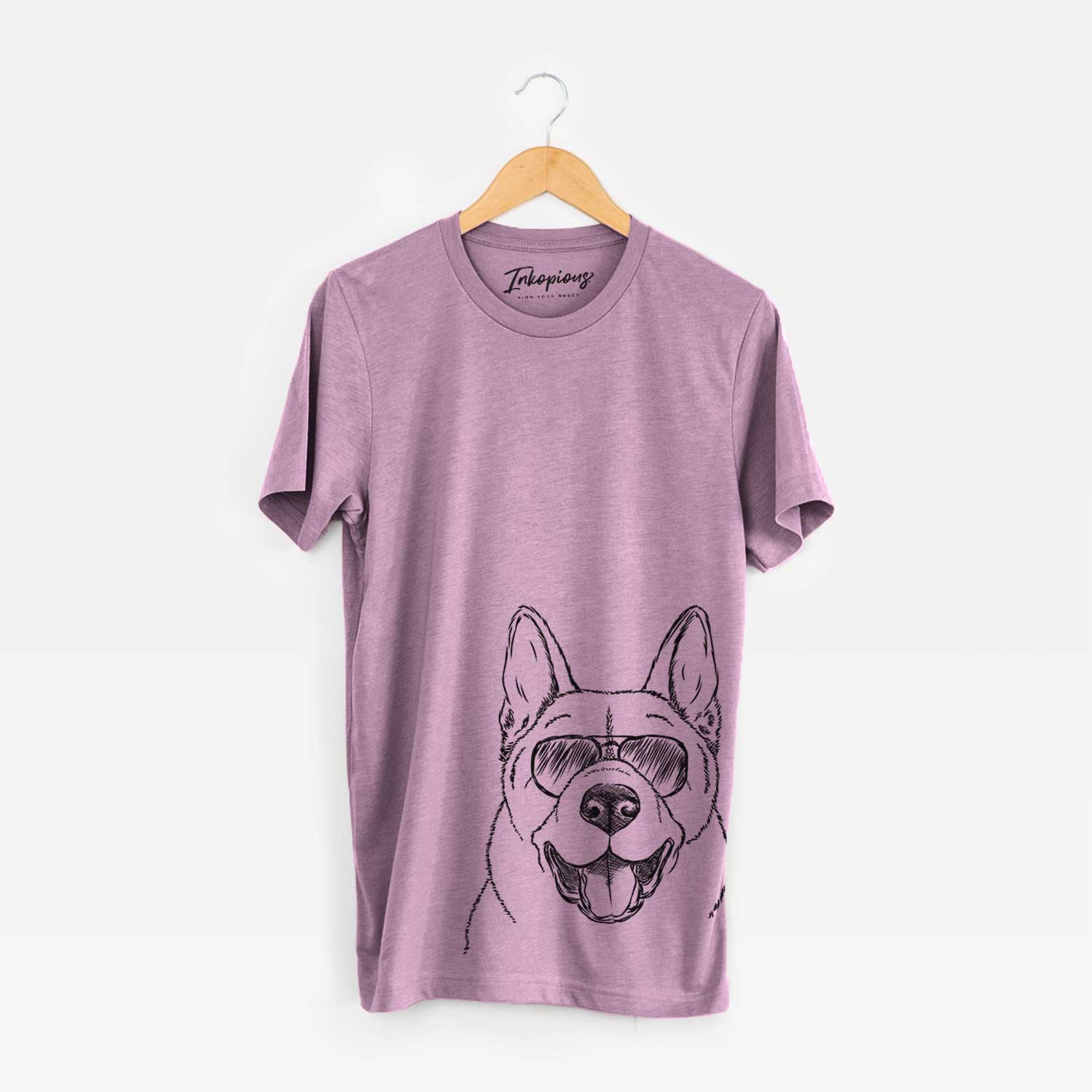 Hand-drawn sketch of Baku the Akita wearing aviator sunglasses on an Orchid Bella Canvas Unisex Crewneck