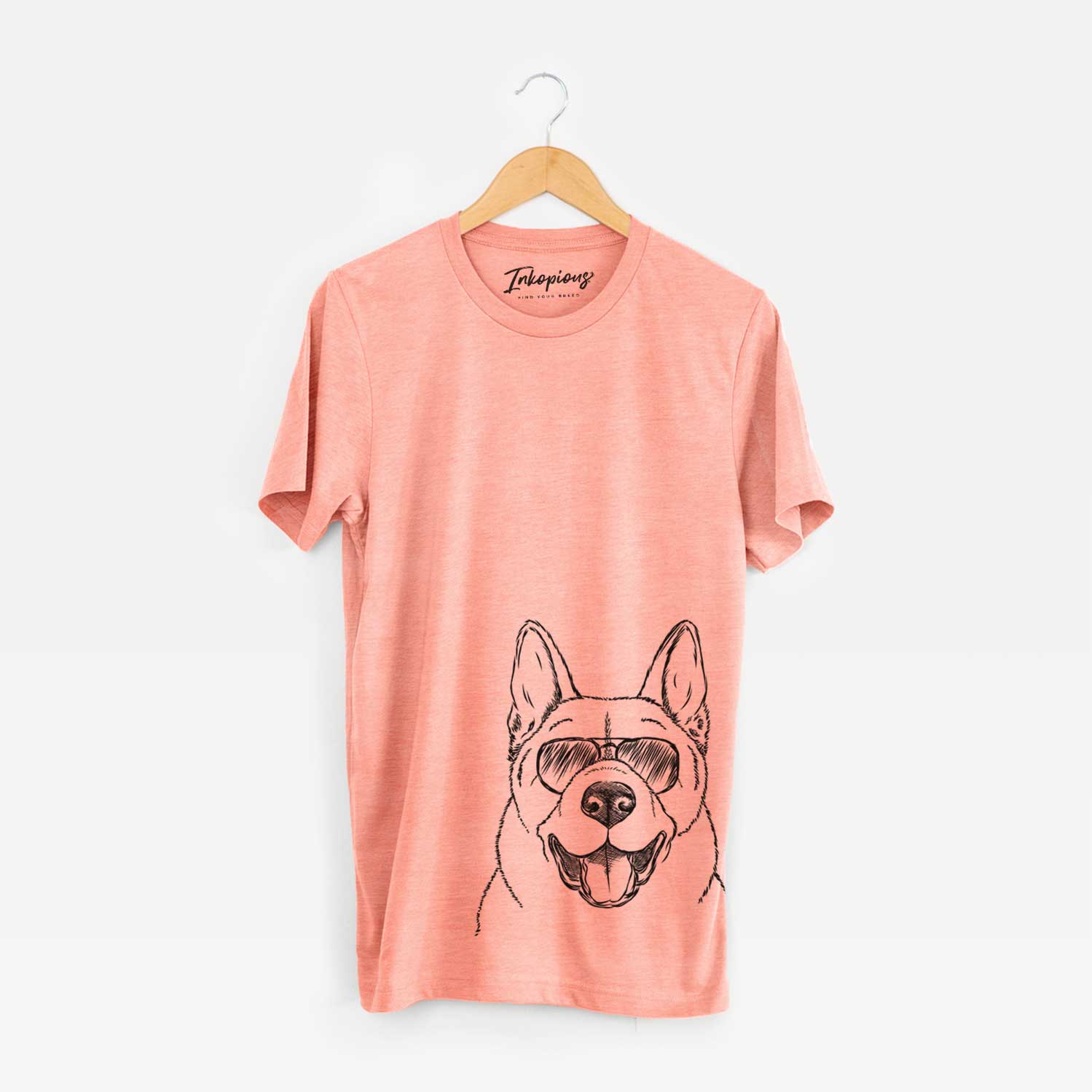 Hand-drawn sketch of Baku the Akita wearing aviator sunglasses on a Sunset Unisex crewneck