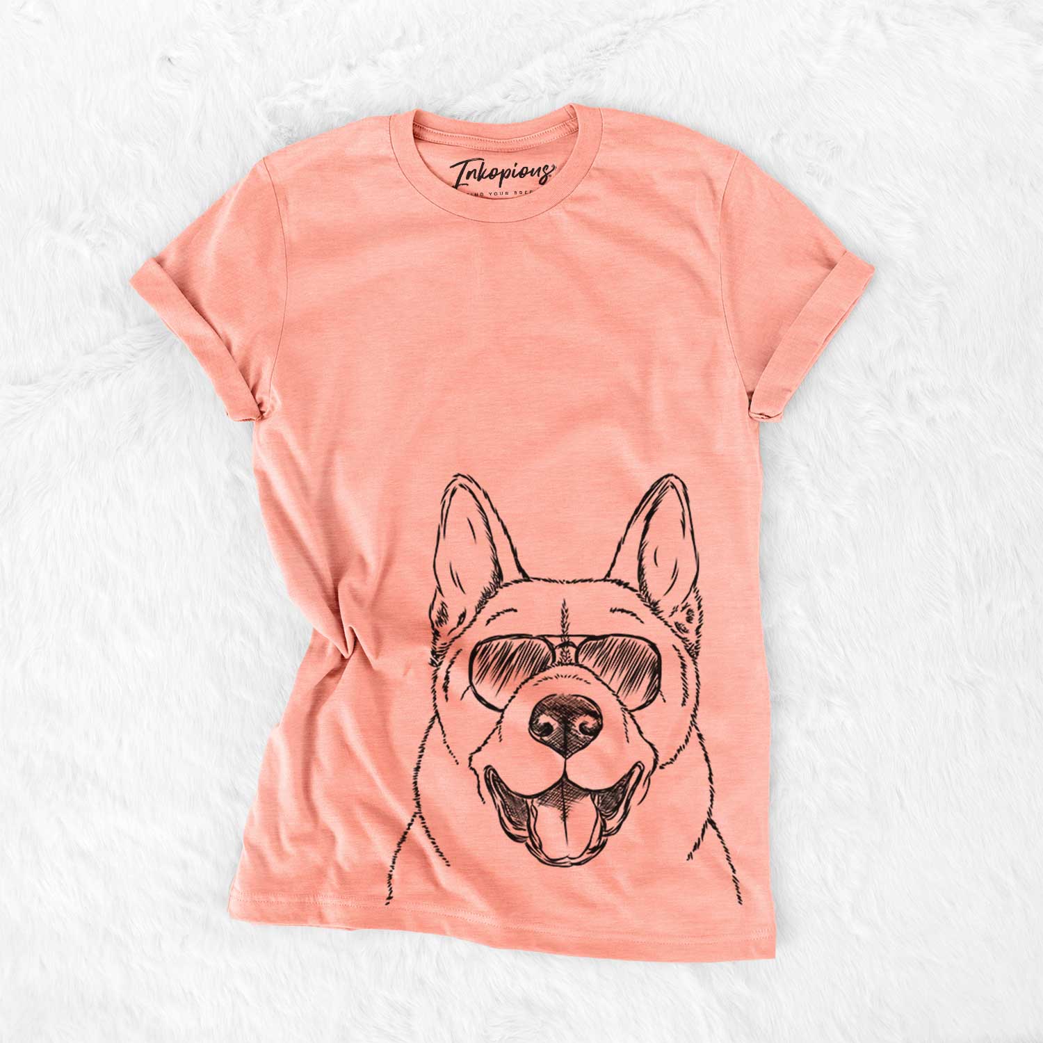 Hand-drawn sketch of Baku the Akita wearing aviator sunglasses on a Sunset Bella Canvas Unisex Crewneck