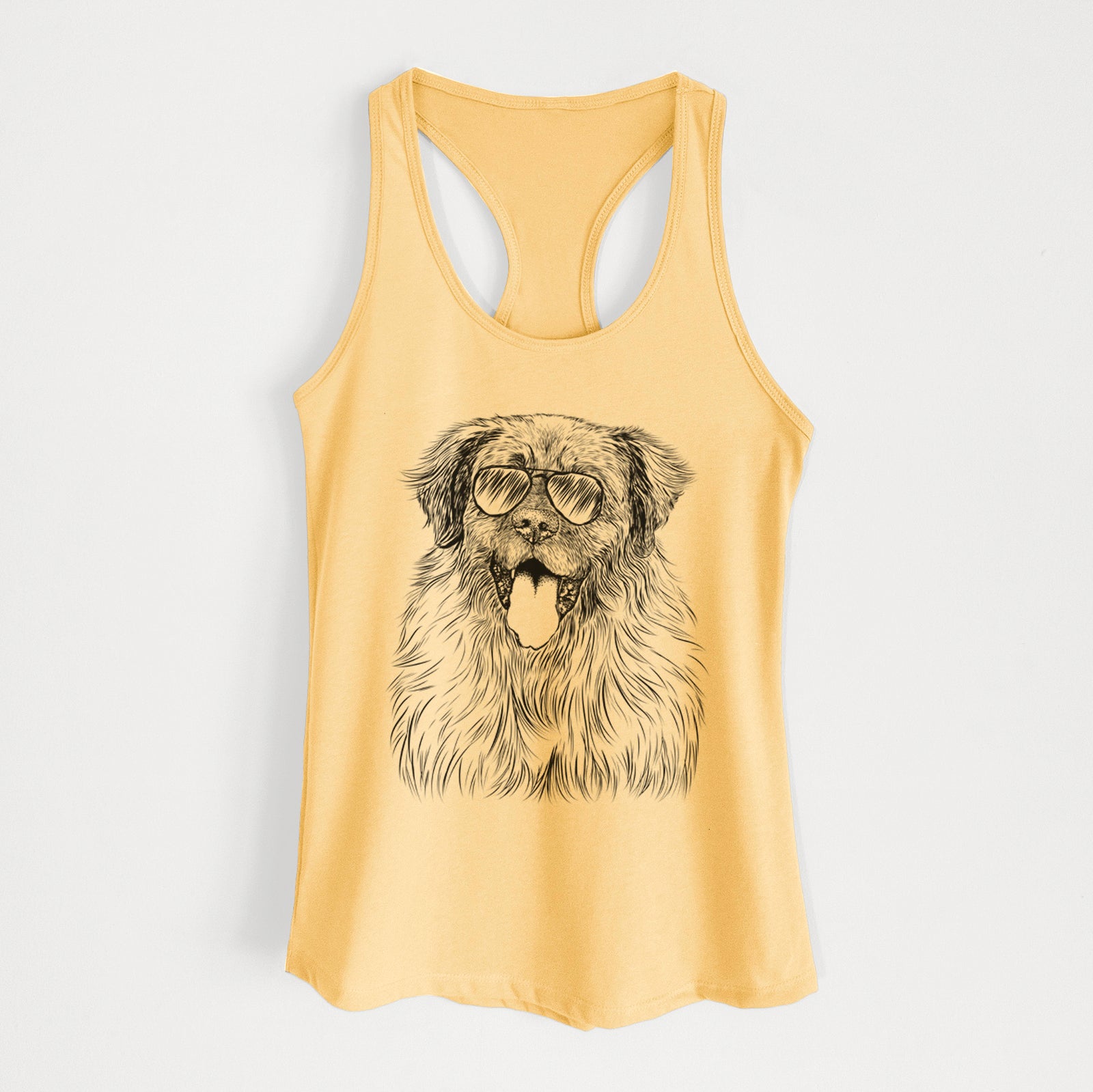Hand-drawn sketch of Bamboo the Leonberger wearing aviator sunglasses on a Banana Cream Women's racerback tanktop