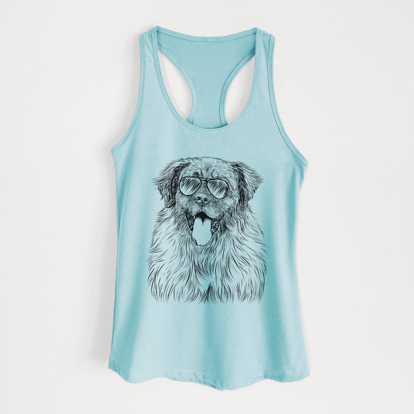Hand-drawn sketch of Bamboo the Leonberger wearing aviator sunglasses on a Cancun Blue Women's racerback tanktop