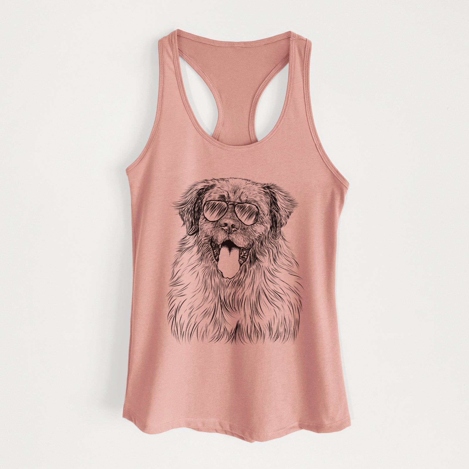 Hand-drawn sketch of Bamboo the Leonberger wearing aviator sunglasses on a Desert Pink Women's racerback tanktop