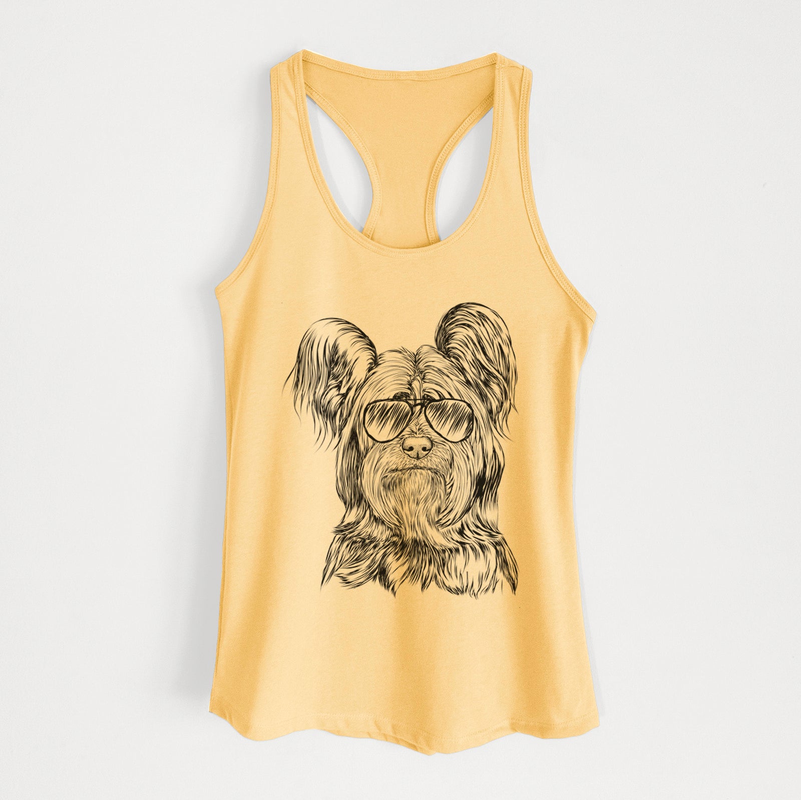 Hand-drawn sketch of Bandit the Skye Terrier wearing aviator sunglasses on a Banana Cream Women's racerback tanktop