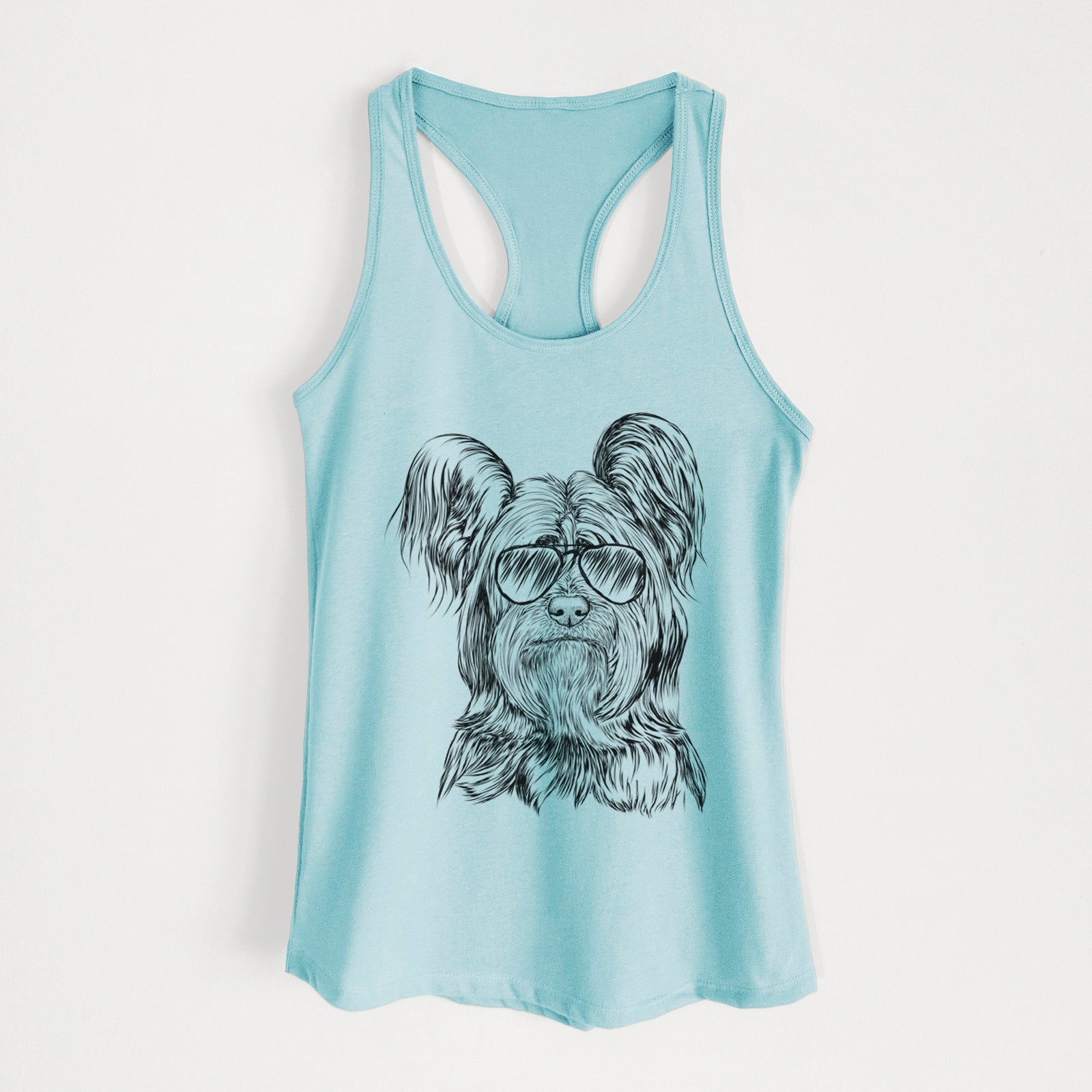 Hand-drawn sketch of Bandit the Skye Terrier wearing aviator sunglasses on a Cancun Blue Women's racerback tanktop