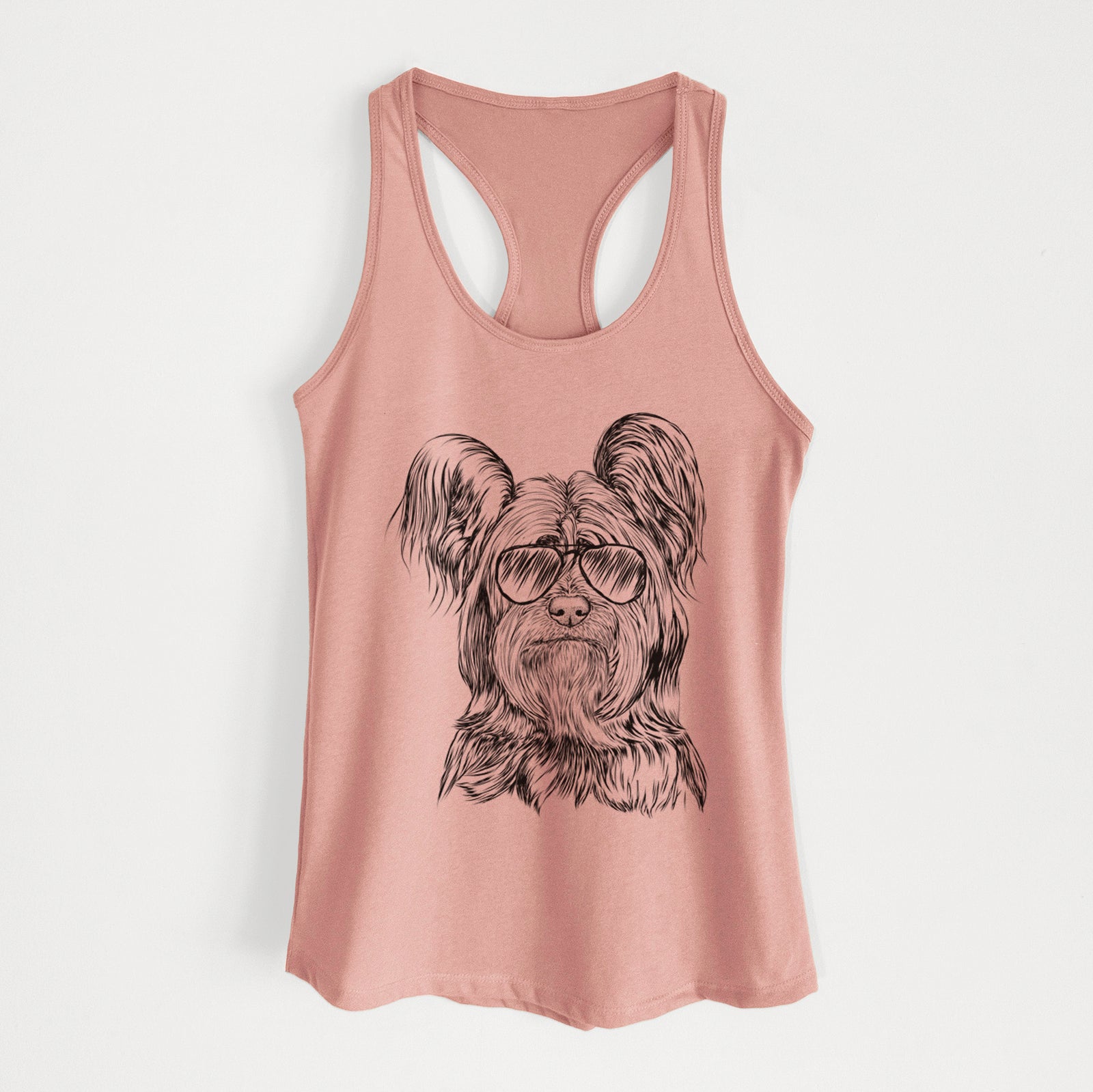 Hand-drawn sketch of Bandit the Skye Terrier wearing aviator sunglasses on a Desert Pink Women's racerback tanktop