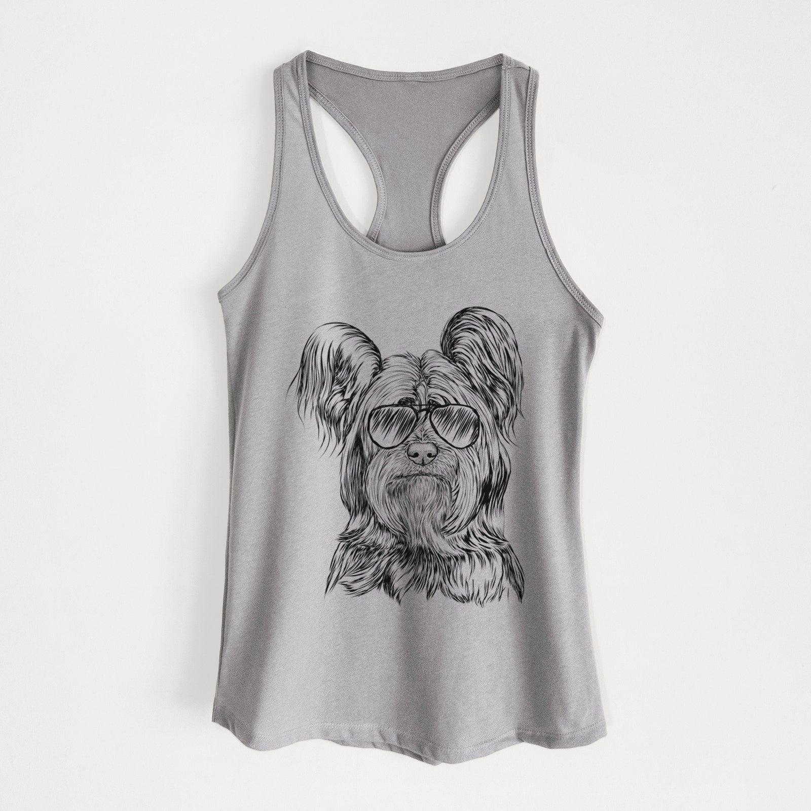 Hand-drawn sketch of Bandit the Skye Terrier wearing aviator sunglasses on a Heather Grey Women's racerback tanktop