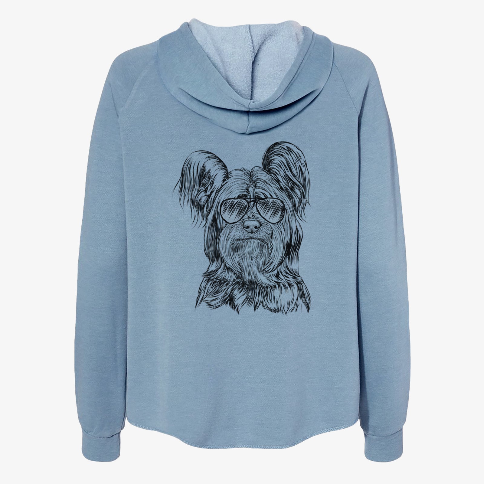 Hand-drawn sketch of Bandit the Skye Terrier wearing aviator sunglasses on a Misty Blue Women's cali wave zip-up sweatshirt