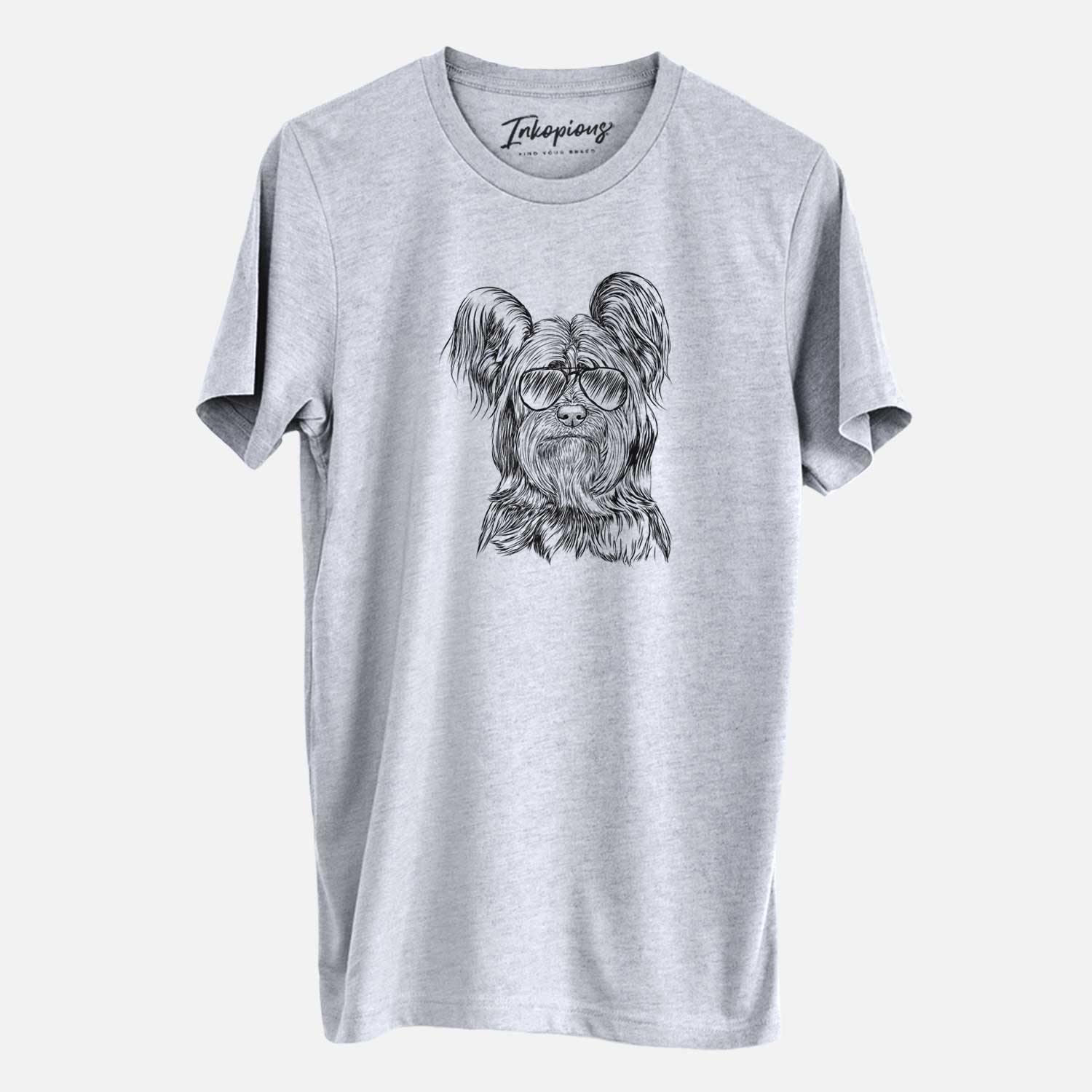 Hand-drawn sketch of Bandit the Skye Terrier wearing aviator sunglasses on a Grey Unisex crewneck