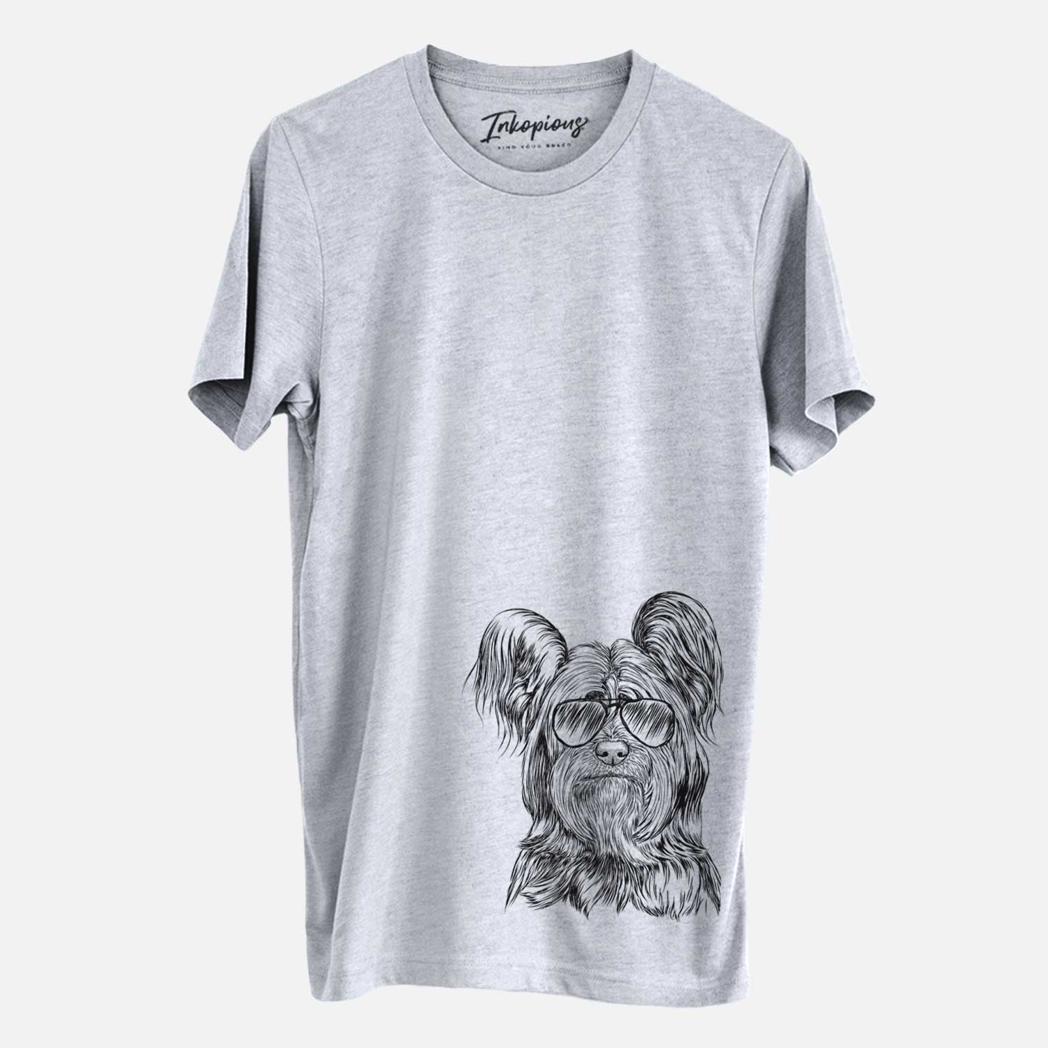 Hand-drawn sketch of Bandit the Skye Terrier wearing aviator sunglasses on a Grey Unisex crewneck